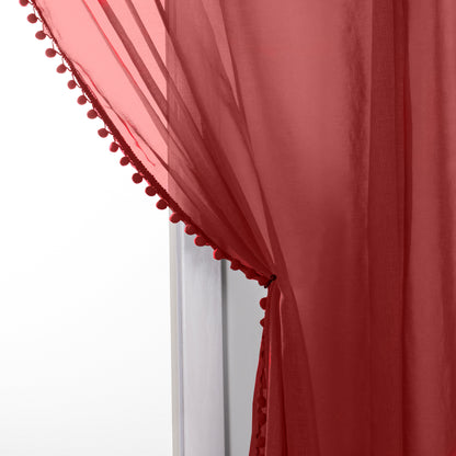 Elegant Comfort Set of 2 Pom Pom Tasseled Sheer Curtain - Rod Pocket