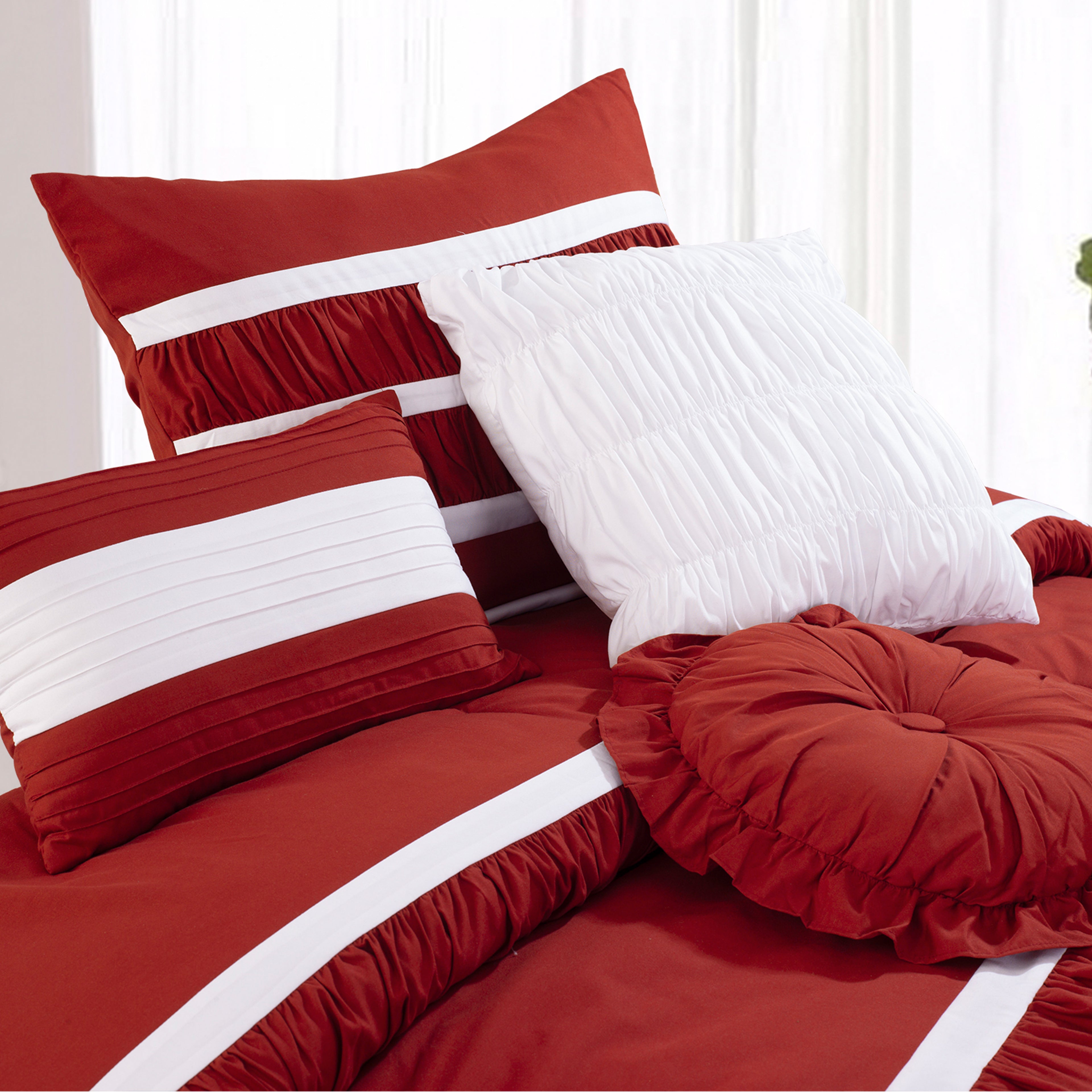 12-Piece Isabella Pleated Ruched Ruffled Comforter Set, Includes 6-Piece Sheet Set with Double Sided Storage Pockets