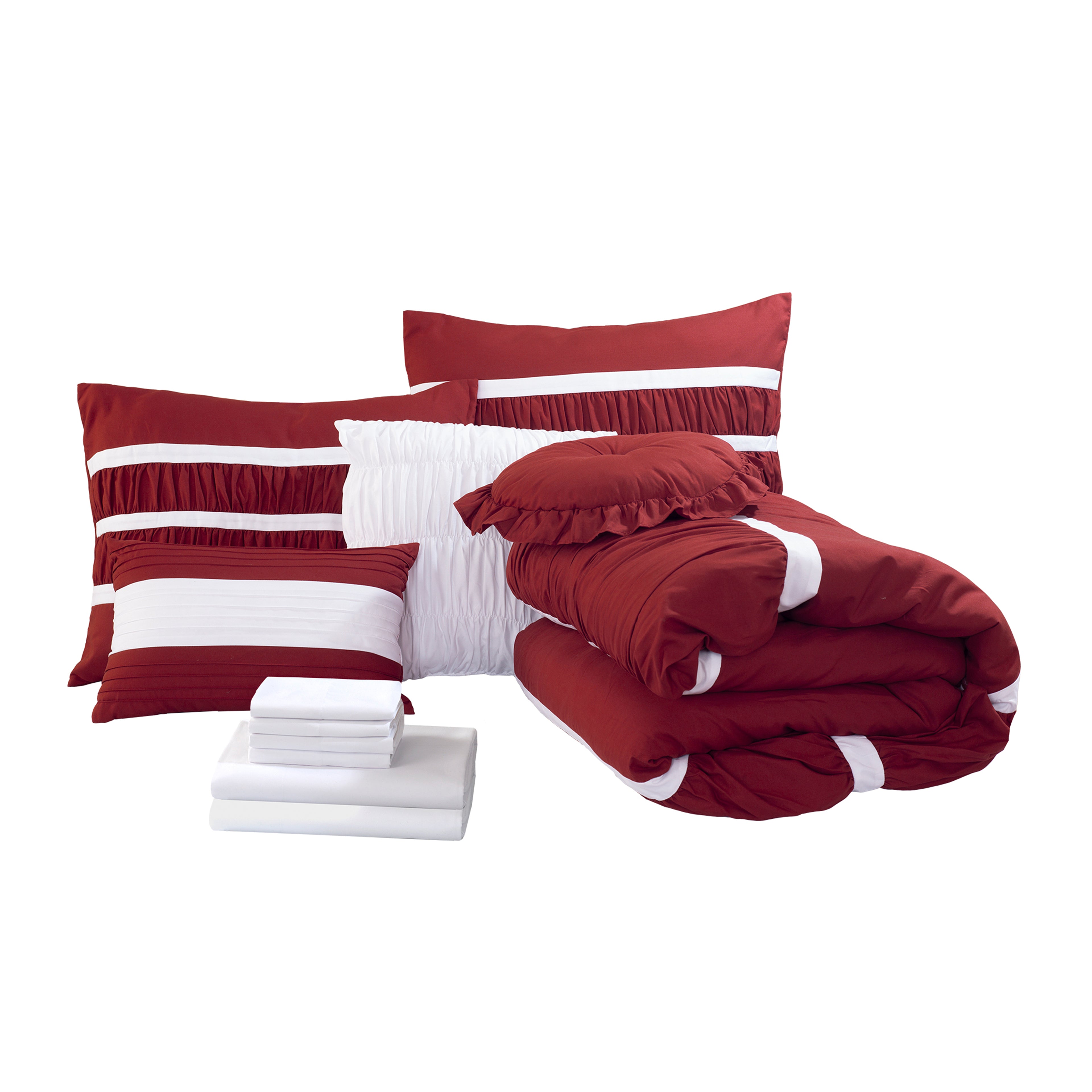 12-Piece Isabella Pleated Ruched Ruffled Comforter Set, Includes 6-Piece Sheet Set with Double Sided Storage Pockets