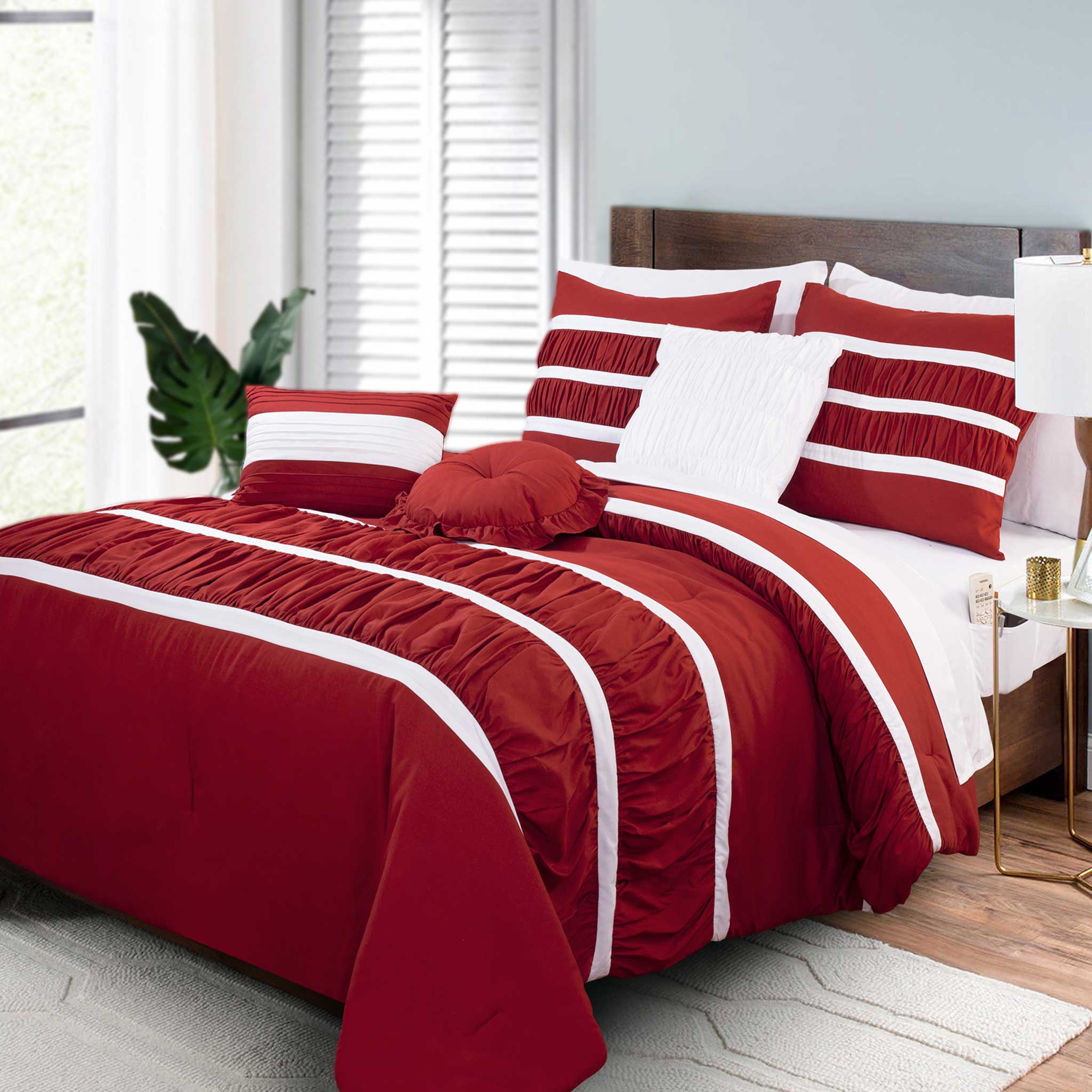12-Piece Isabella Pleated Ruched Ruffled Comforter Set, Includes 6-Piece Sheet Set with Double Sided Storage Pockets