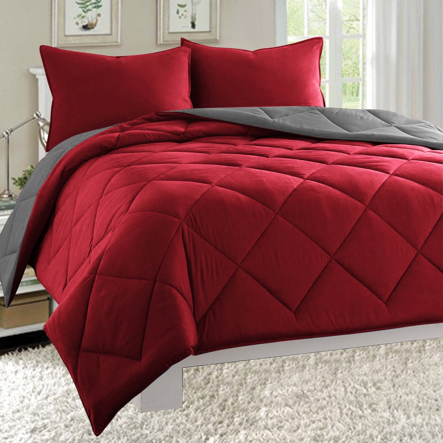 3-Piece Reversible Diamond Stitched Comforter & Shams