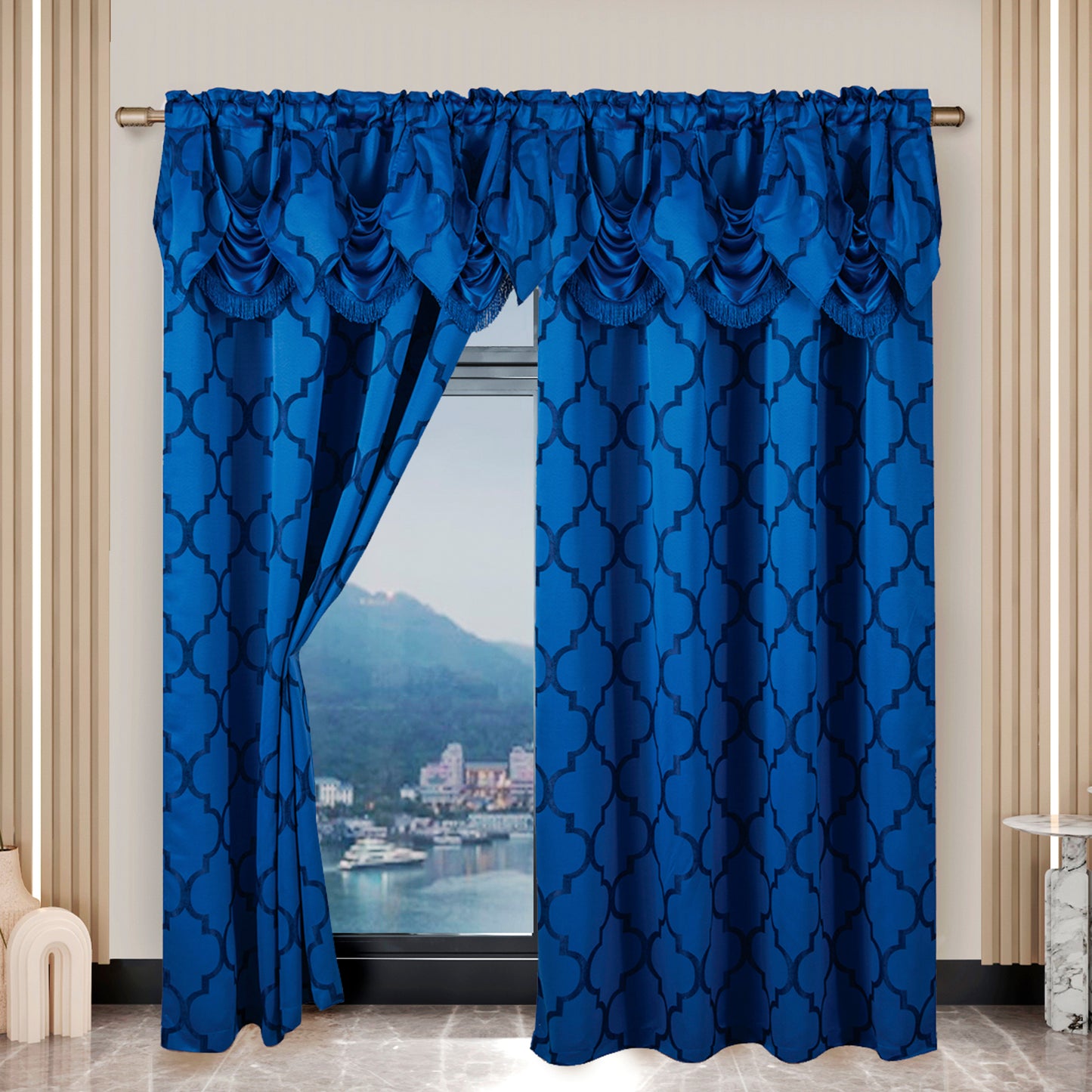 Elegant Comfort 2-Piece Quatrefoil - Moroccan Trellis Jacquard Look Curtain Panels- Attached Valance - 54" W x 84" L, Set of 2