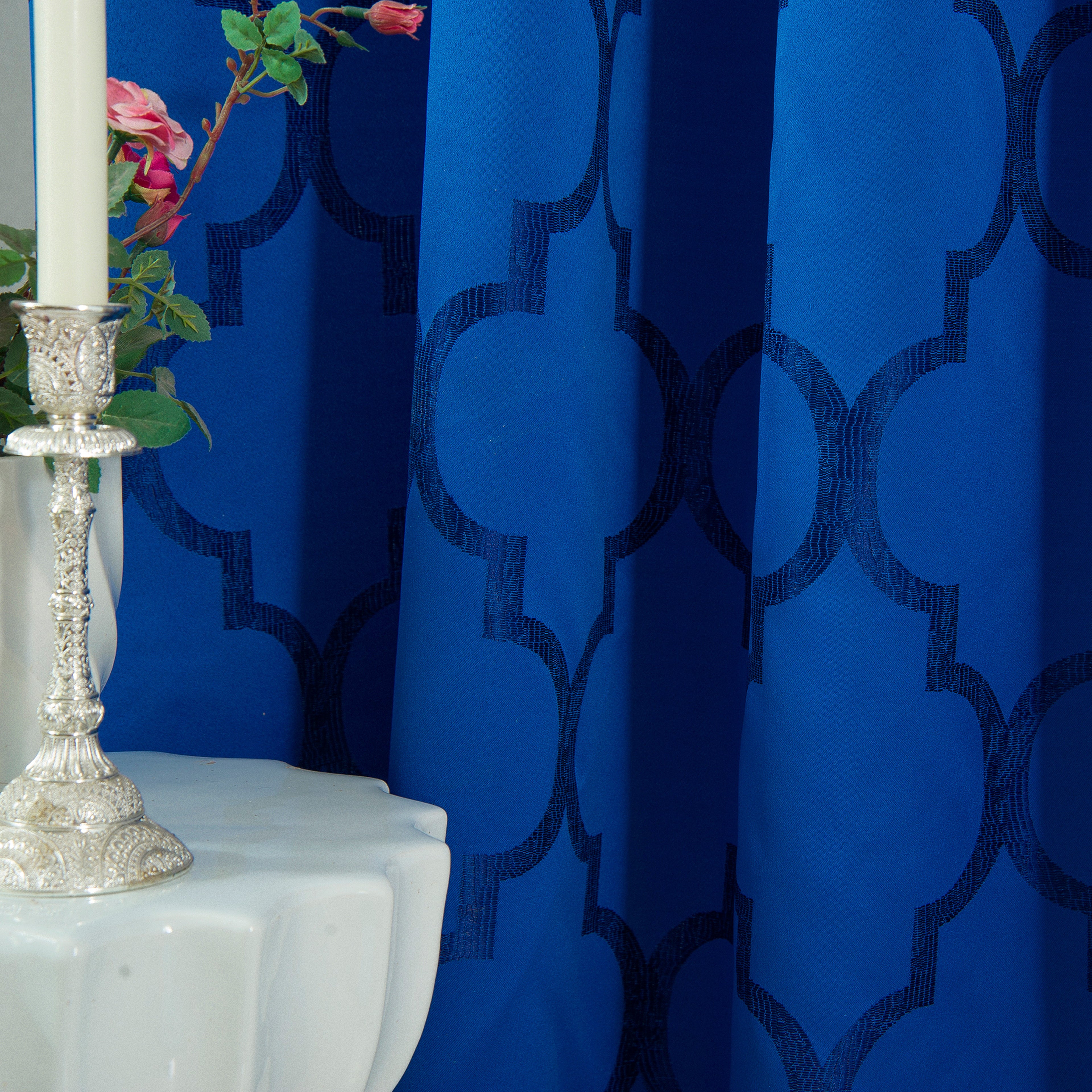 2-Piece Quatrefoil - Moroccan Trellis Jacquard Look Curtain Panels- Attached Valance - 54" W x 84" L, Set of 2