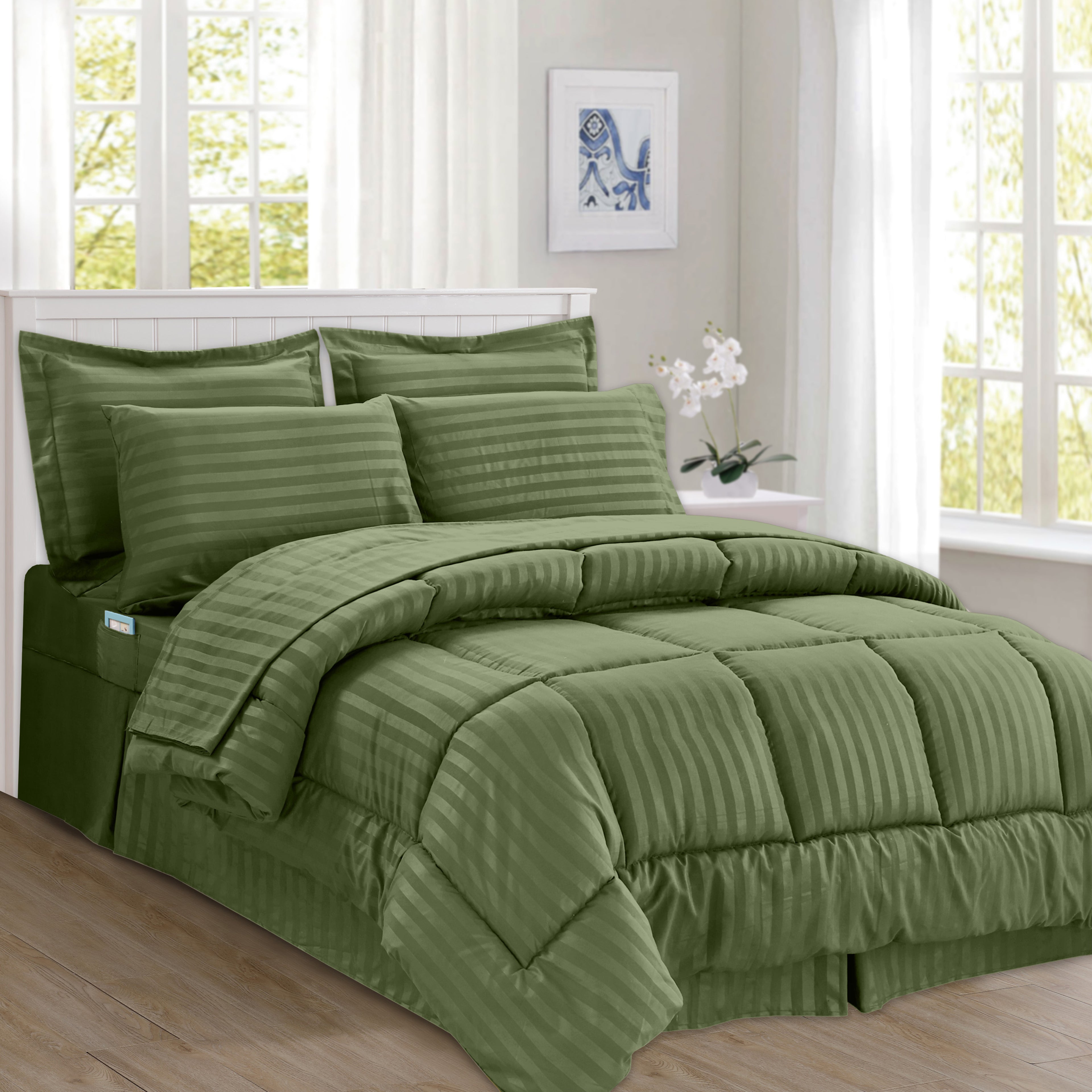 8-Piece Dobby Stripe Comforter Set - Includes 4-Piece Sheet Set with Double Sided Storage Pockets