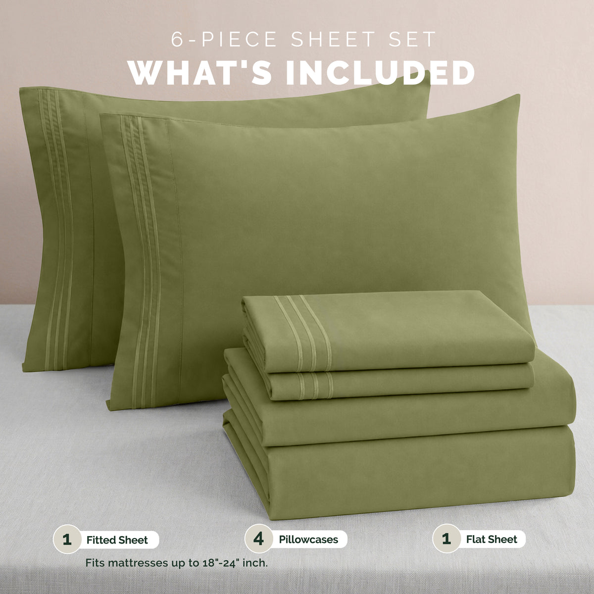 Extra deep 18-24 Inch Pocket 3 Line Embroidery, 6-Piece Sheet Set, Moody Shades