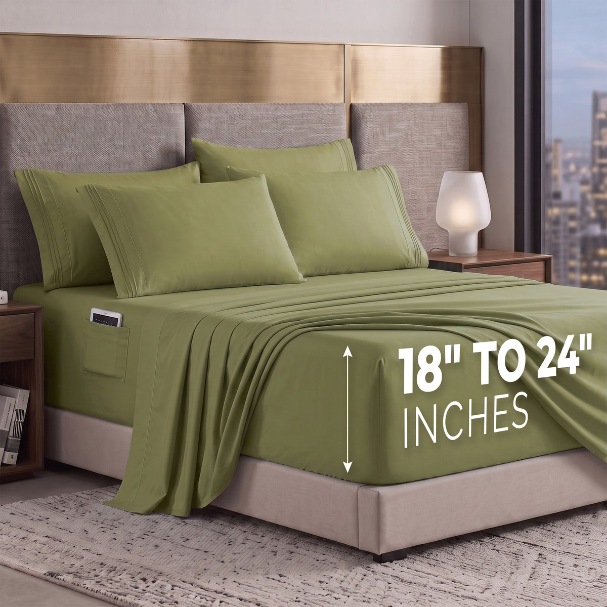 Extra deep 18-24 Inch Pocket 3 Line Embroidery, 6-Piece Sheet Set, Moody Shades