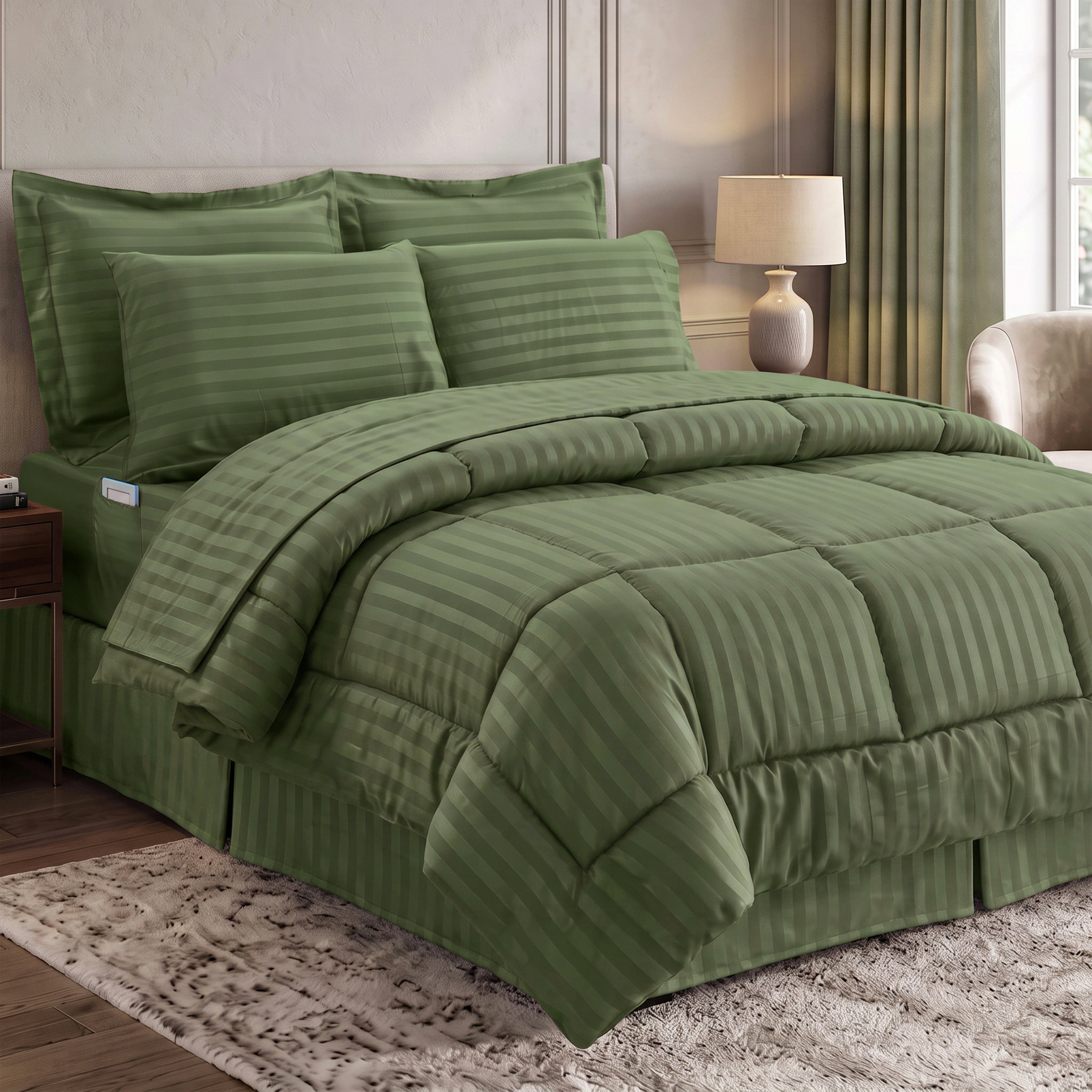 8-Piece Dobby Stripe Comforter Set - Includes 4-Piece Sheet Set with Double Sided Storage Pockets
