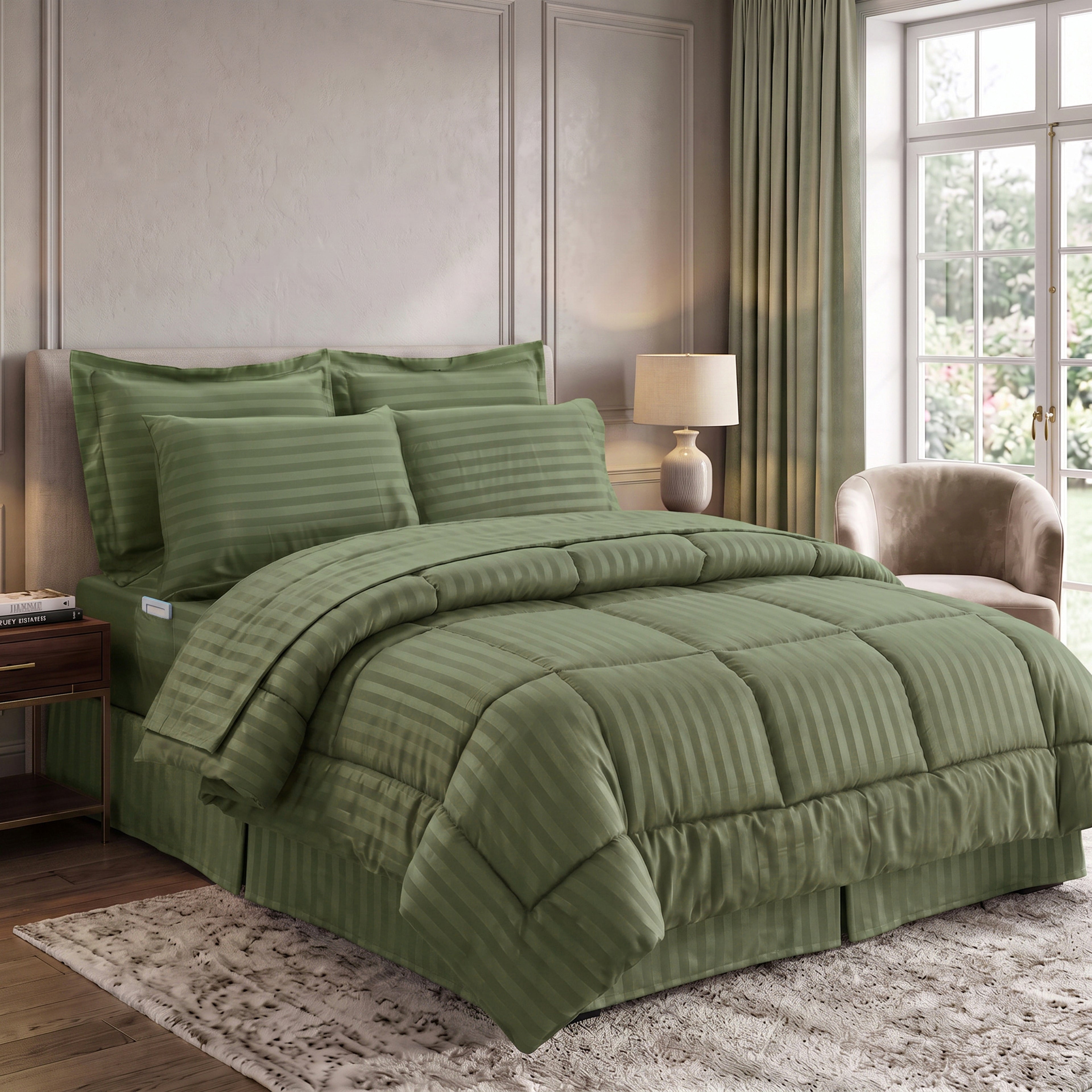 8-Piece Dobby Stripe Comforter Set - Includes 4-Piece Sheet Set with Double Sided Storage Pockets