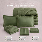 8-Piece Dobby Stripe Comforter Set - Includes 4-Piece Sheet Set with Double Sided Storage Pockets
