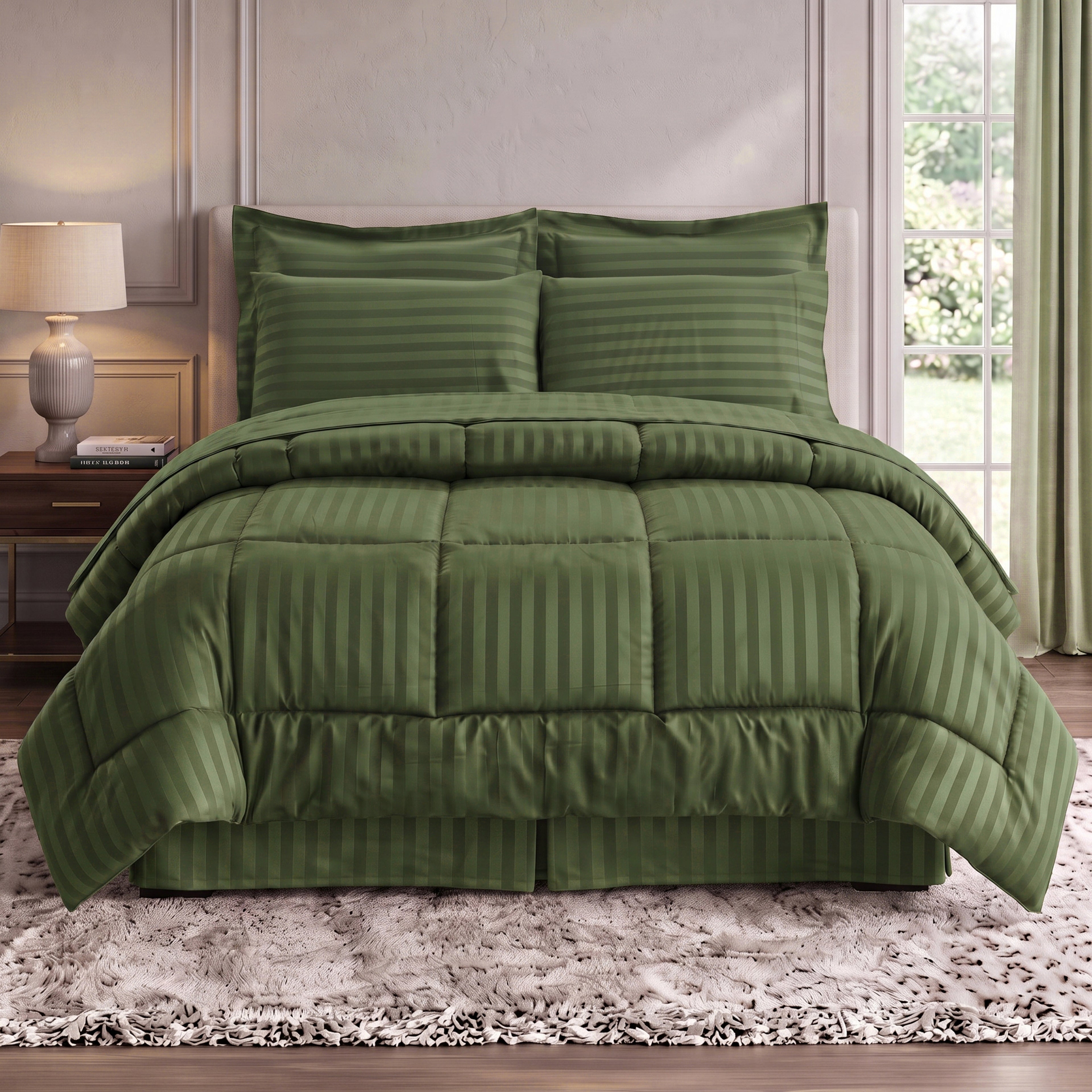 8-Piece Dobby Stripe Comforter Set - Includes 4-Piece Sheet Set with Double Sided Storage Pockets
