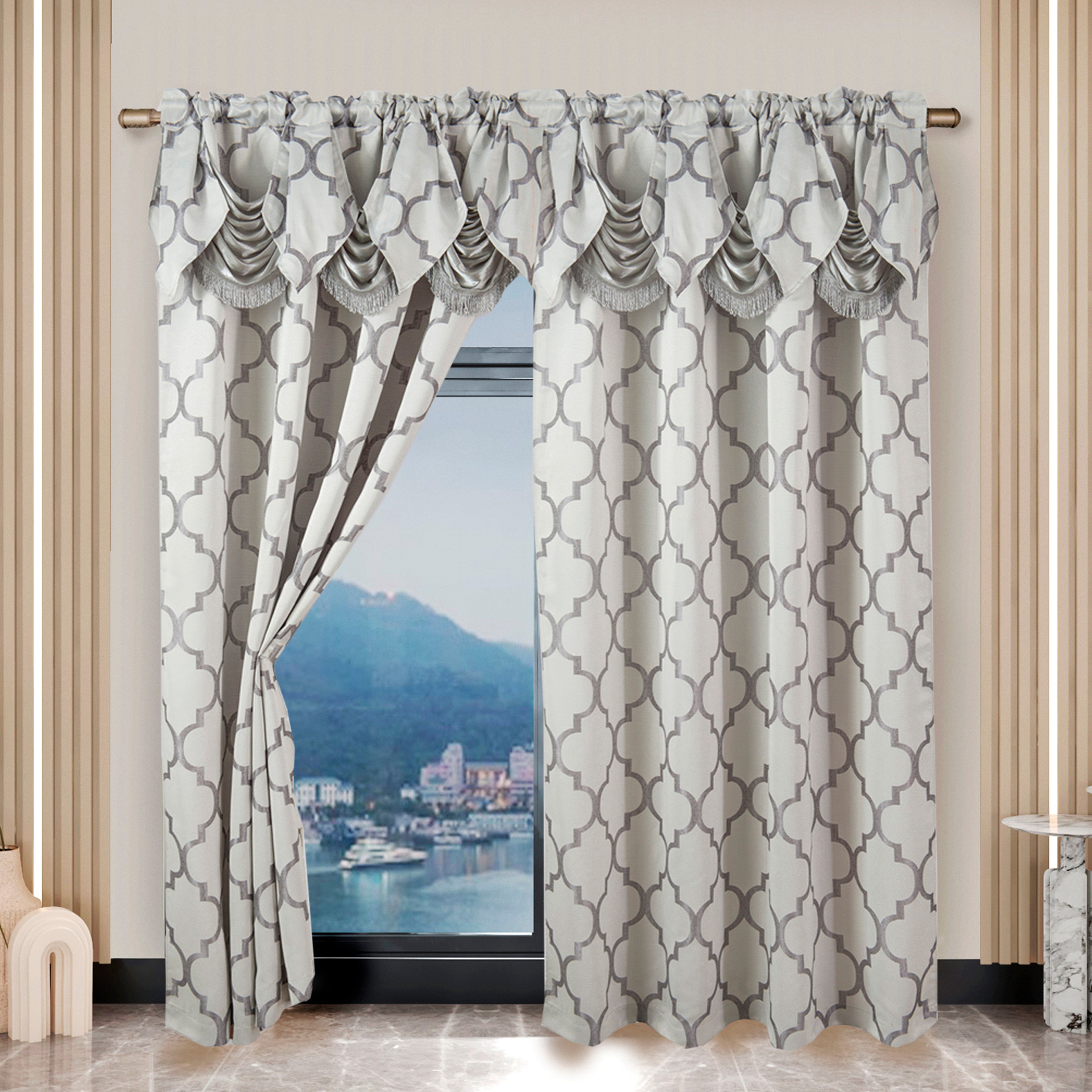 2-Piece Quatrefoil - Moroccan Trellis Jacquard Look Curtain Panels- Attached Valance - 54" W x 84" L, Set of 2