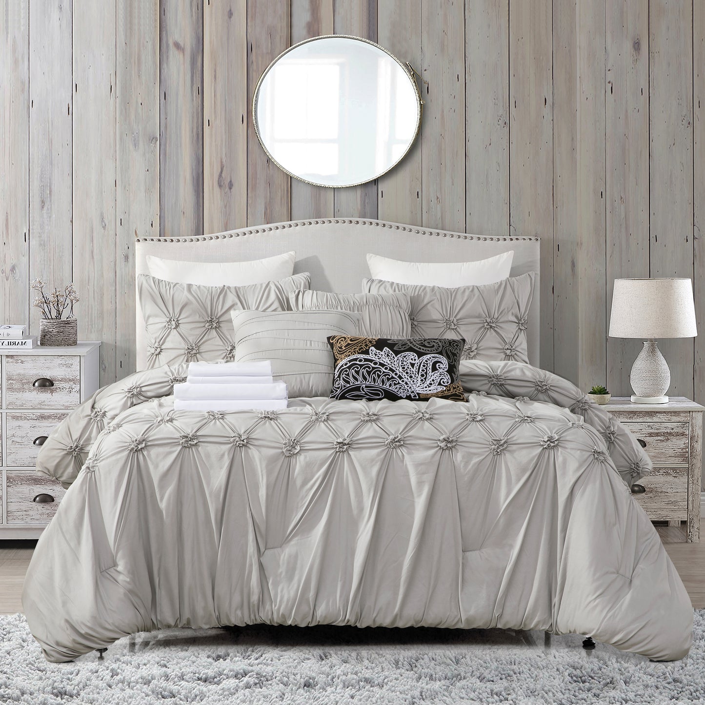 Elegant Comfort 12-Piece Ella Pleated Ruched Pintuck Comforter Set, Includes 6-Piece Sheet Set with Double Sided Storage Pockets