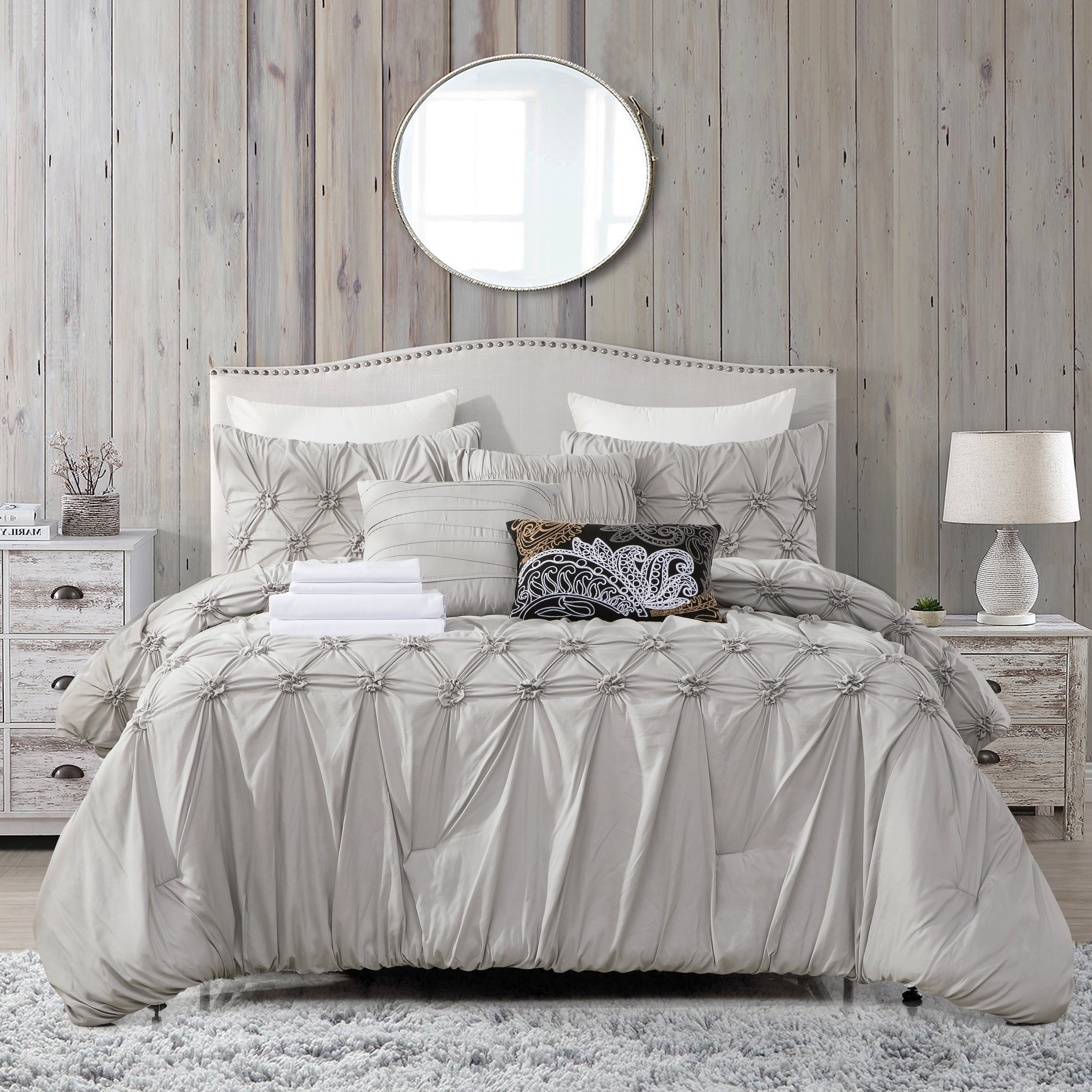 12-Piece Ella Pleated Ruched Pintuck Comforter Set, Includes 6-Piece Sheet Set with Double Sided Storage Pockets