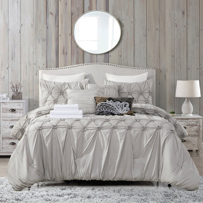 Elegant Comfort 12-Piece Ella Pleated Ruched Pintuck Comforter Set, Includes 6-Piece Sheet Set with Double Sided Storage Pockets