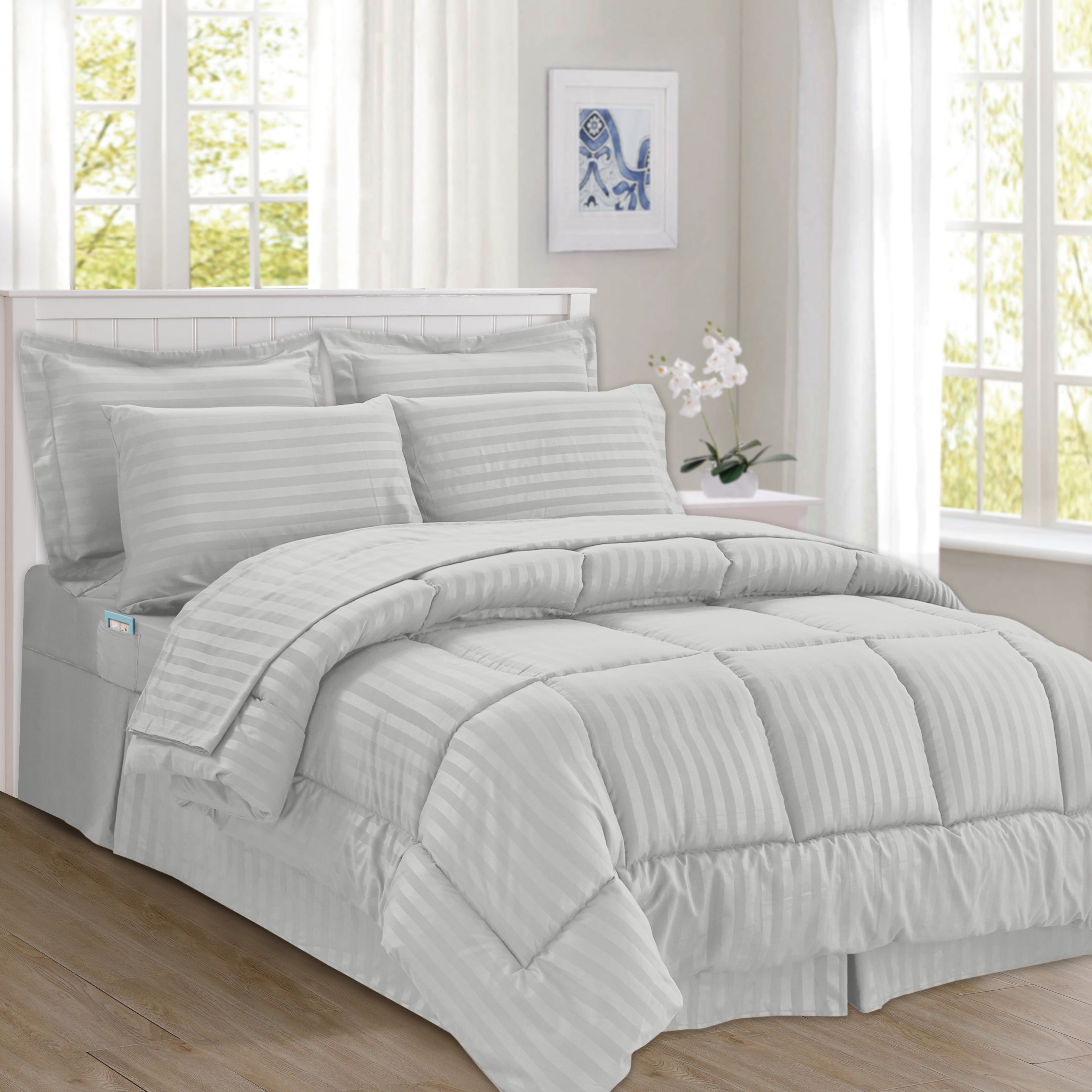 8-Piece Dobby Stripe Comforter Set - Includes 4-Piece Sheet Set with Double Sided Storage Pockets