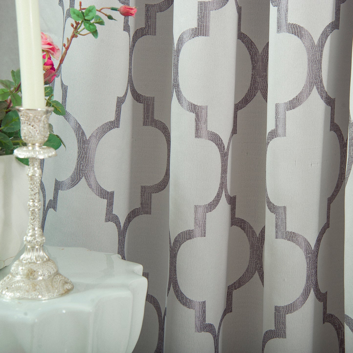 Elegant Comfort 2-Piece Quatrefoil - Moroccan Trellis Jacquard Look Curtain Panels- Attached Valance - 54" W x 84" L, Set of 2