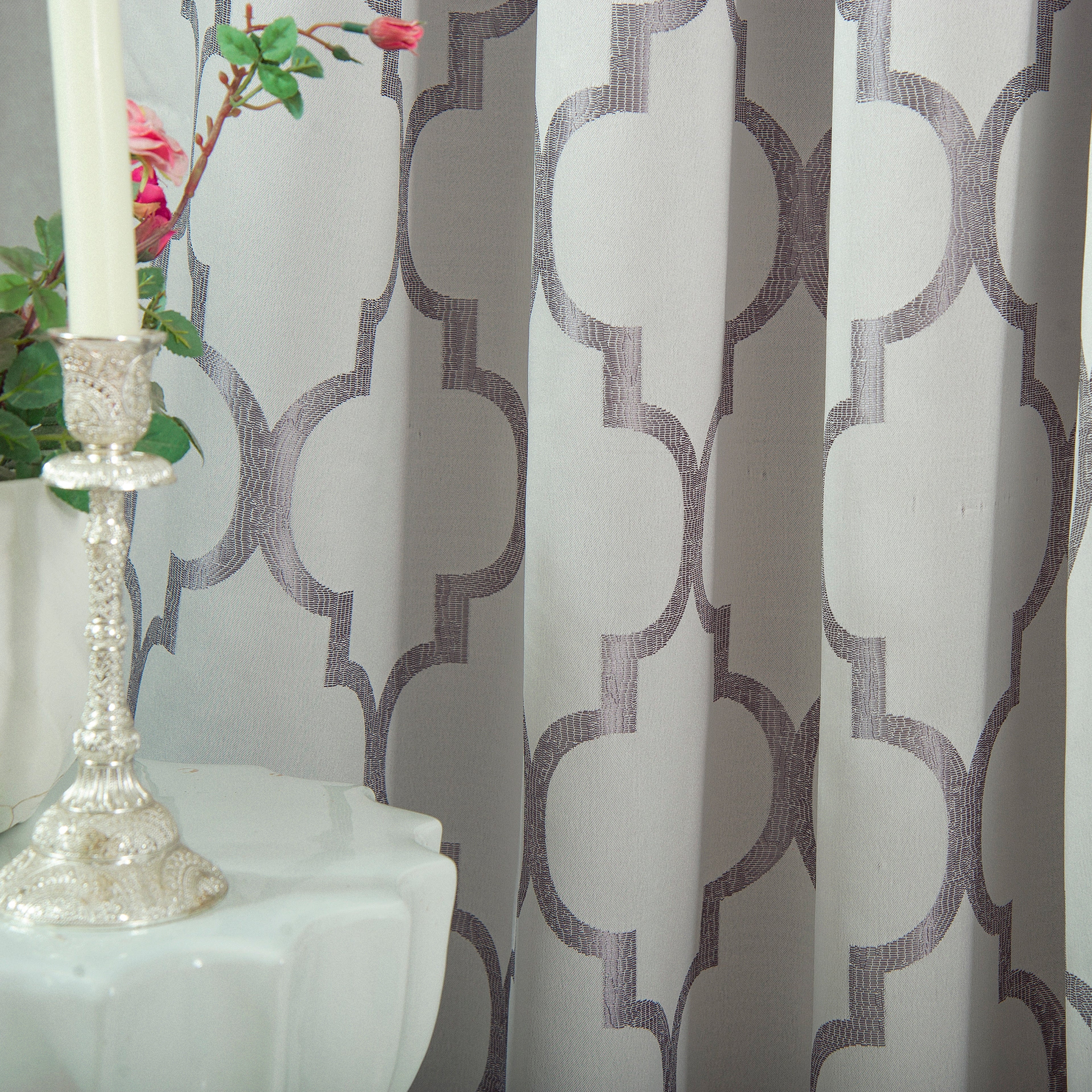 2-Piece Quatrefoil - Moroccan Trellis Jacquard Look Curtain Panels- Attached Valance - 54" W x 84" L, Set of 2