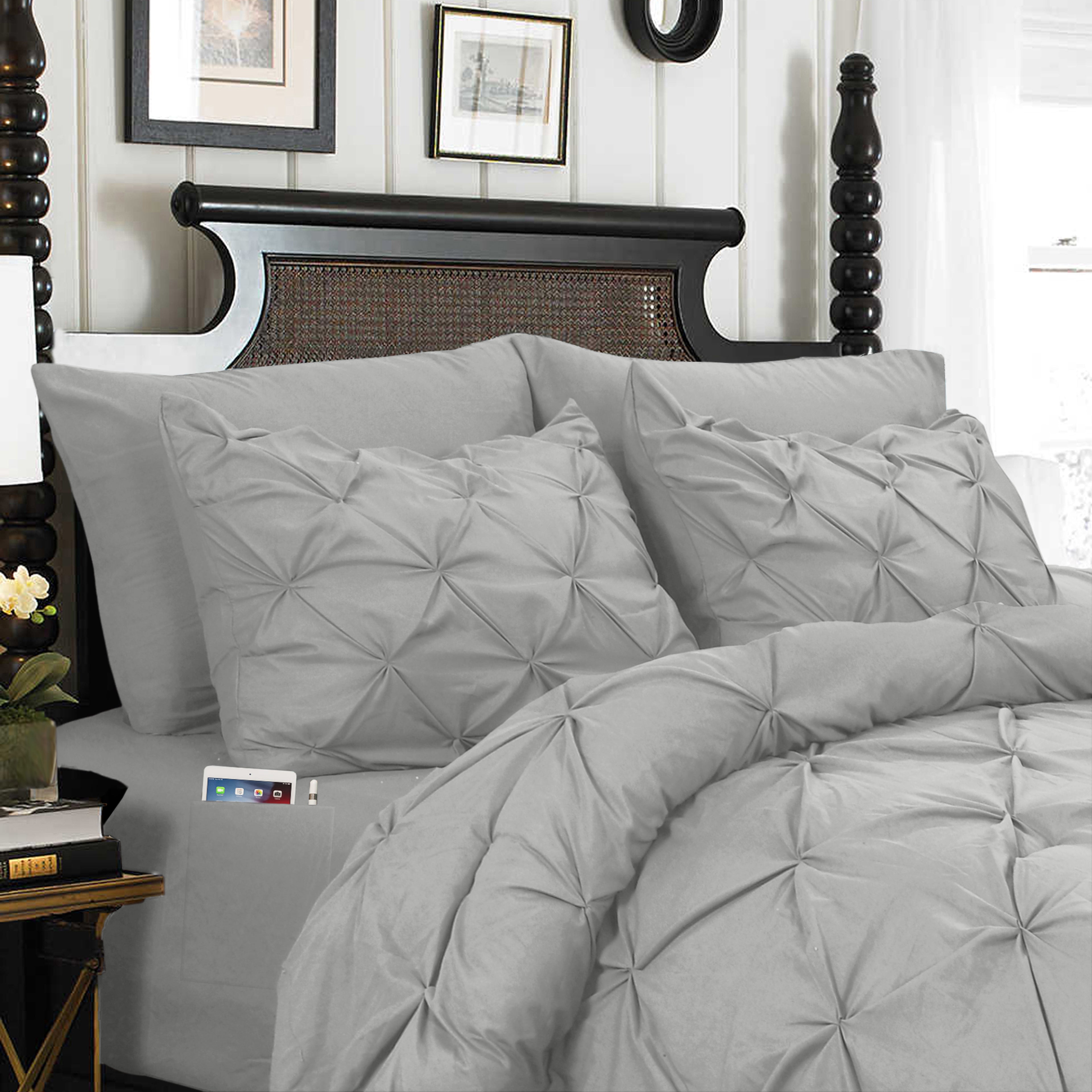 8-Piece Pintuck Pinch Pleated Comforter Set - Includes 4-Piece Sheet Set with Double Sided Storage Pockets