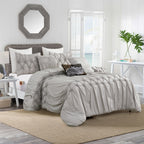 12-Piece Ella Pleated Ruched Pintuck Comforter Set, Includes 6-Piece Sheet Set with Double Sided Storage Pockets