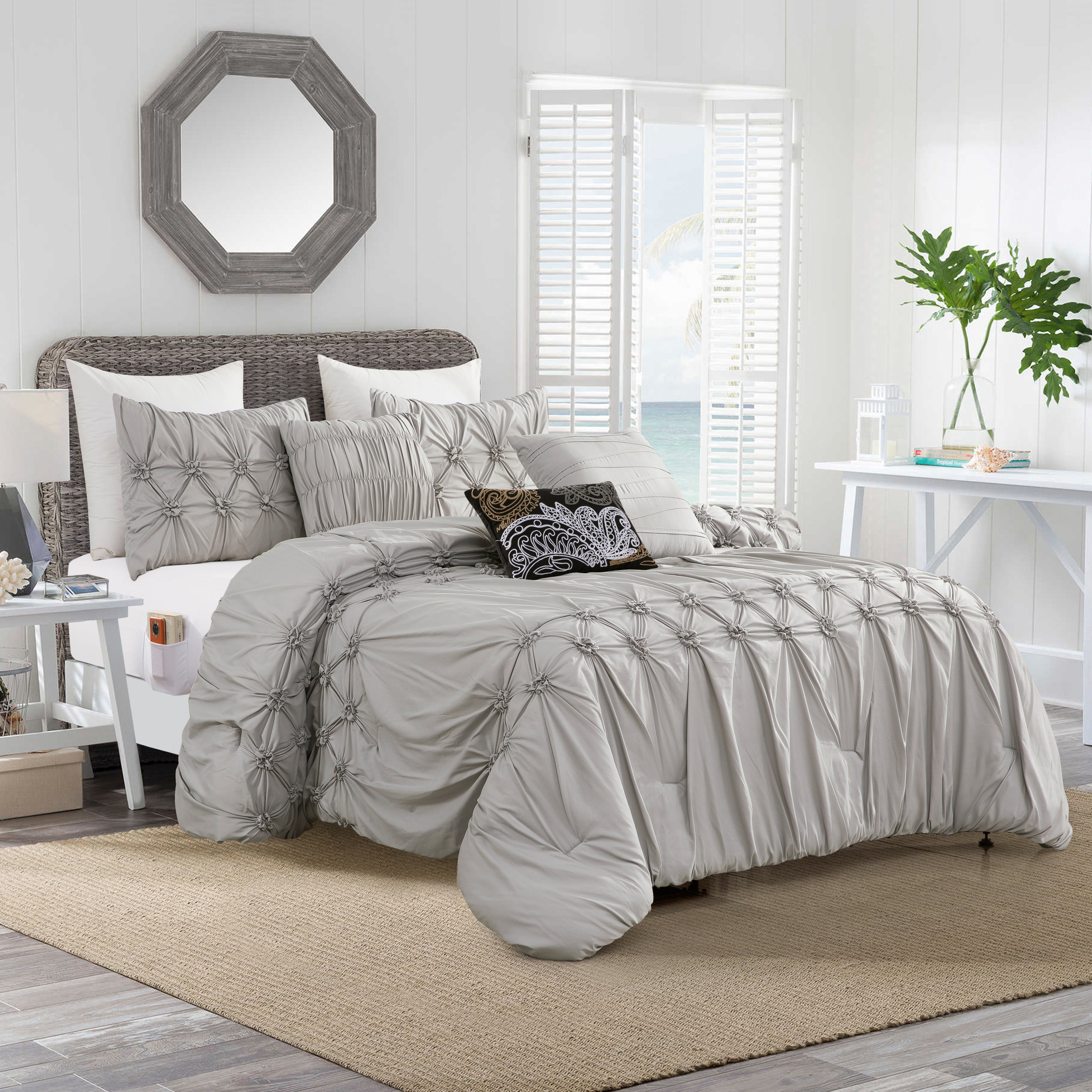 12-Piece Ella Pleated Ruched Pintuck Comforter Set, Includes 6-Piece Sheet Set with Double Sided Storage Pockets