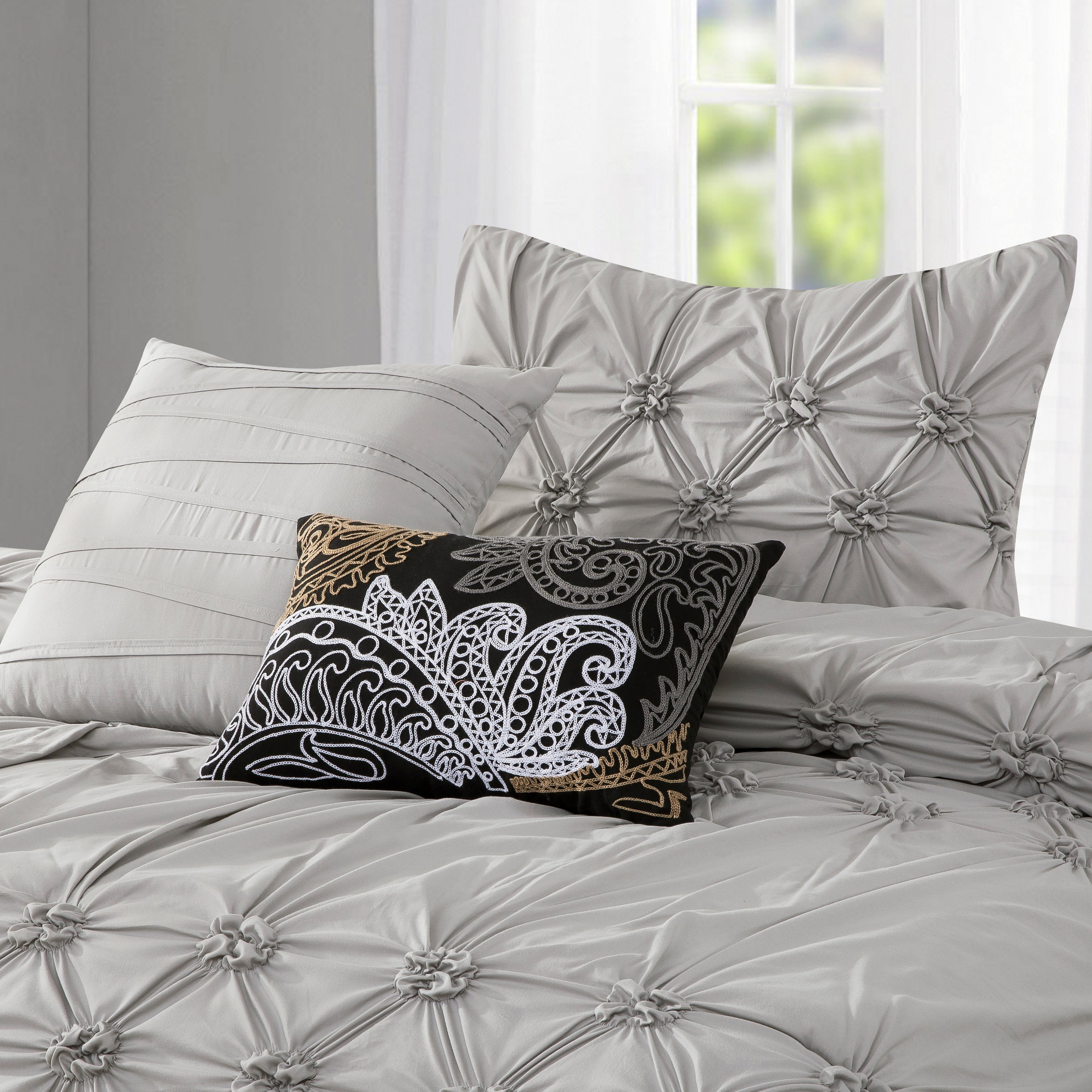 12-Piece Ella Pleated Ruched Pintuck Comforter Set, Includes 6-Piece Sheet Set with Double Sided Storage Pockets