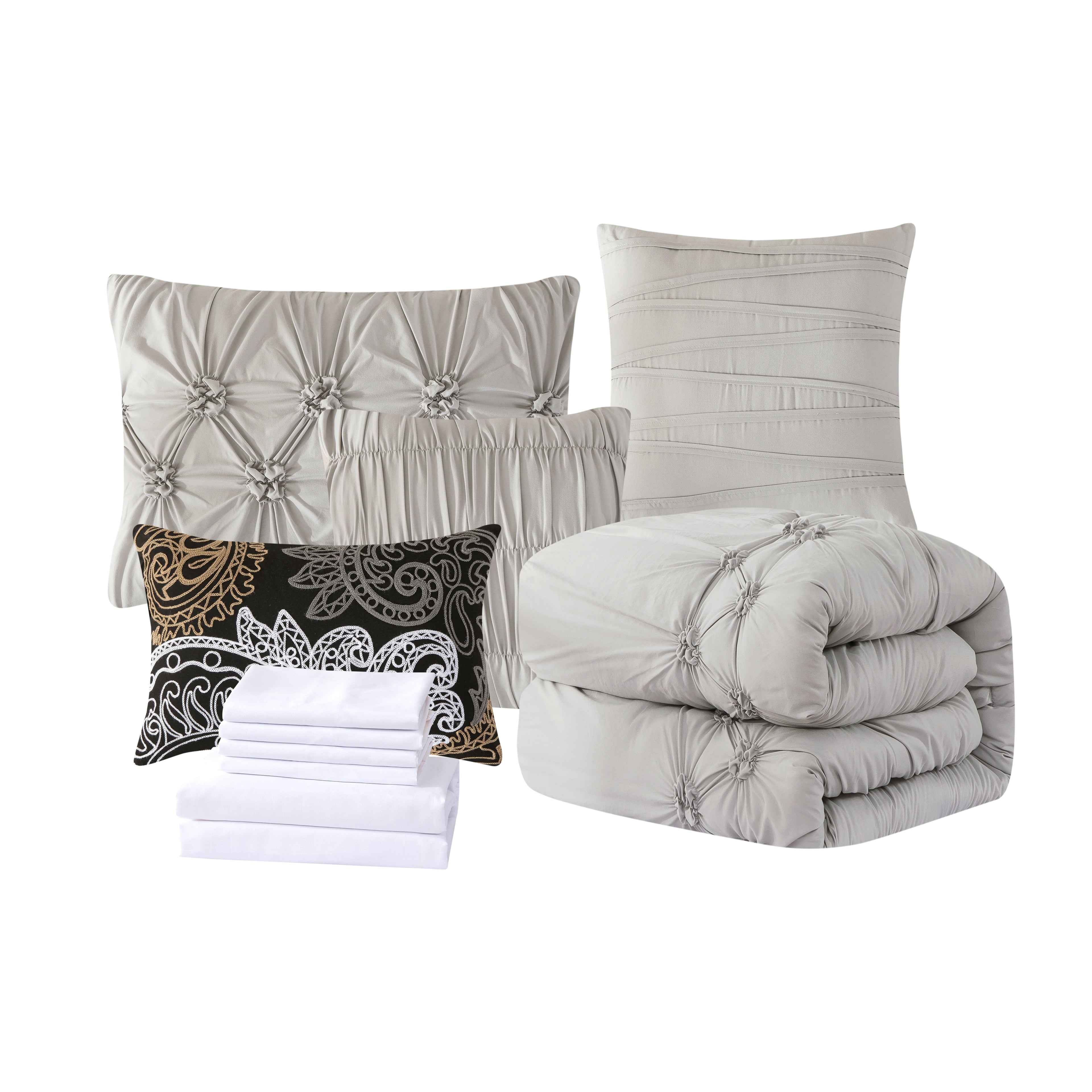 12-Piece Ella Pleated Ruched Pintuck Comforter Set, Includes 6-Piece Sheet Set with Double Sided Storage Pockets