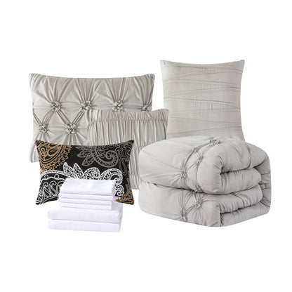 Elegant Comfort 12-Piece Ella Pleated Ruched Pintuck Comforter Set, Includes 6-Piece Sheet Set with Double Sided Storage Pockets