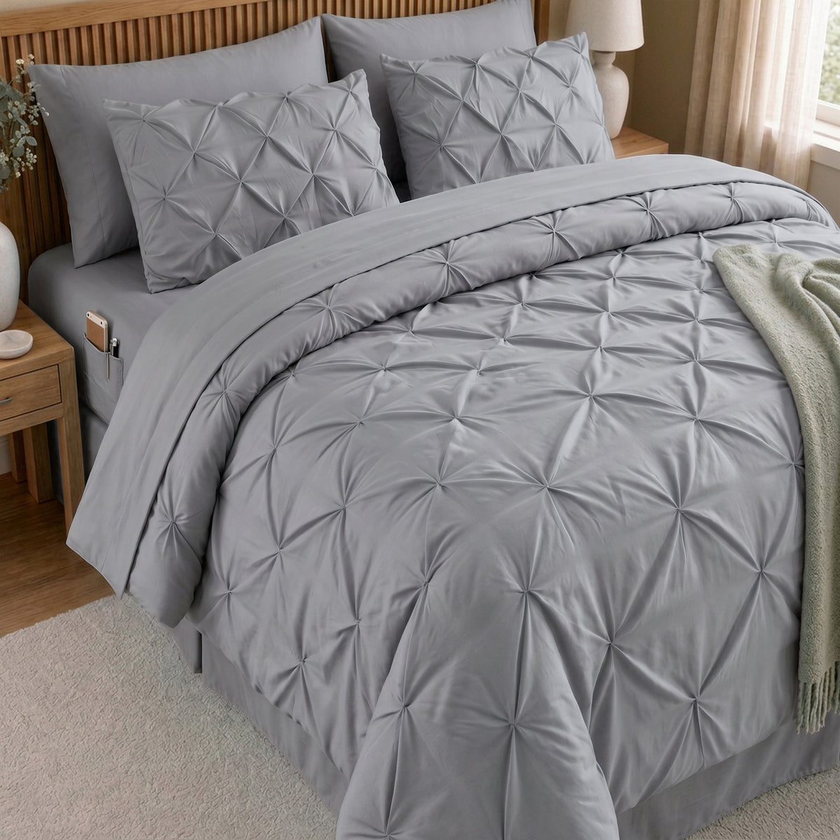 8-Piece Pintuck Pinch Pleated Comforter Set - Includes 4-Piece Sheet Set with Double Sided Storage Pockets