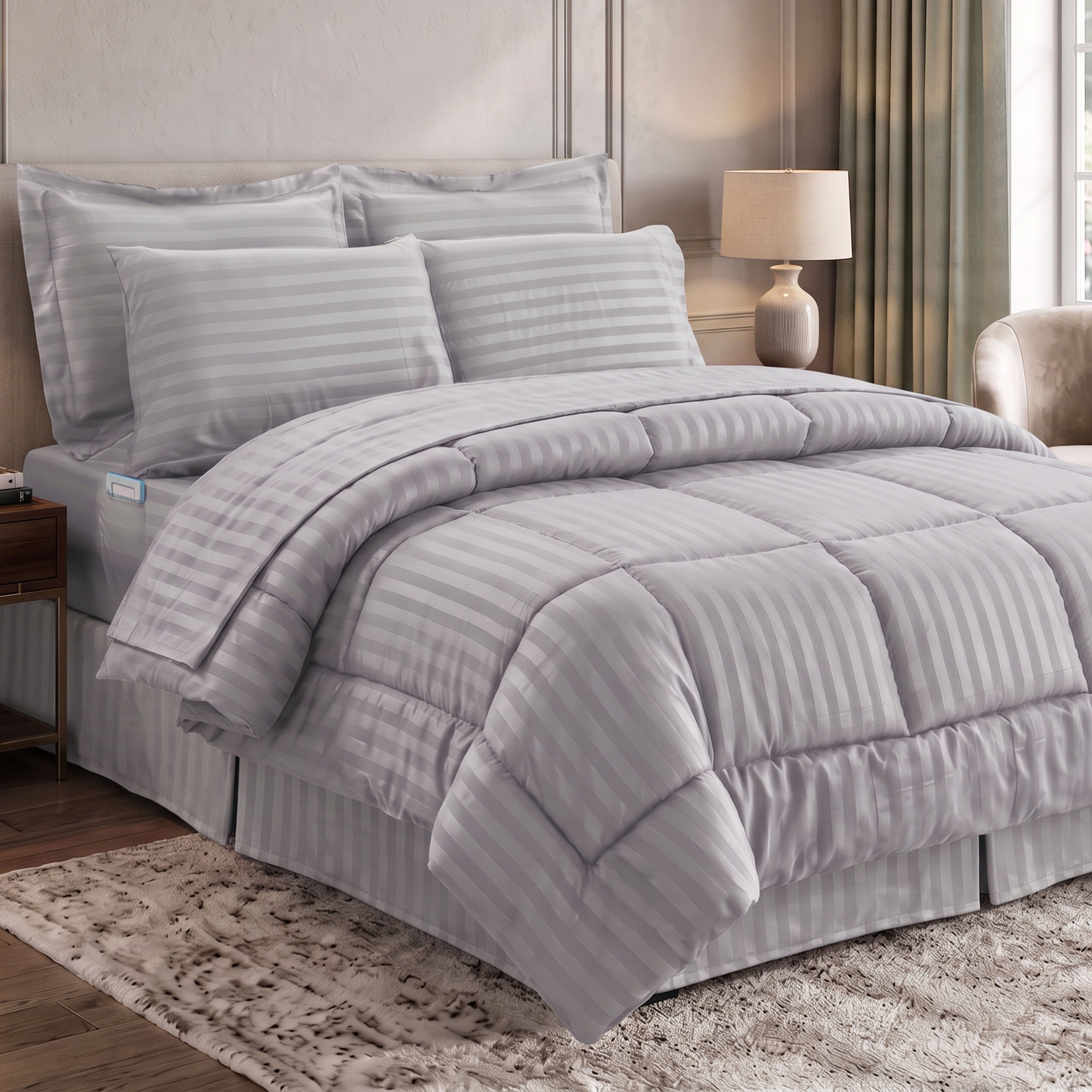 8-Piece Dobby Stripe Comforter Set - Includes 4-Piece Sheet Set with Double Sided Storage Pockets