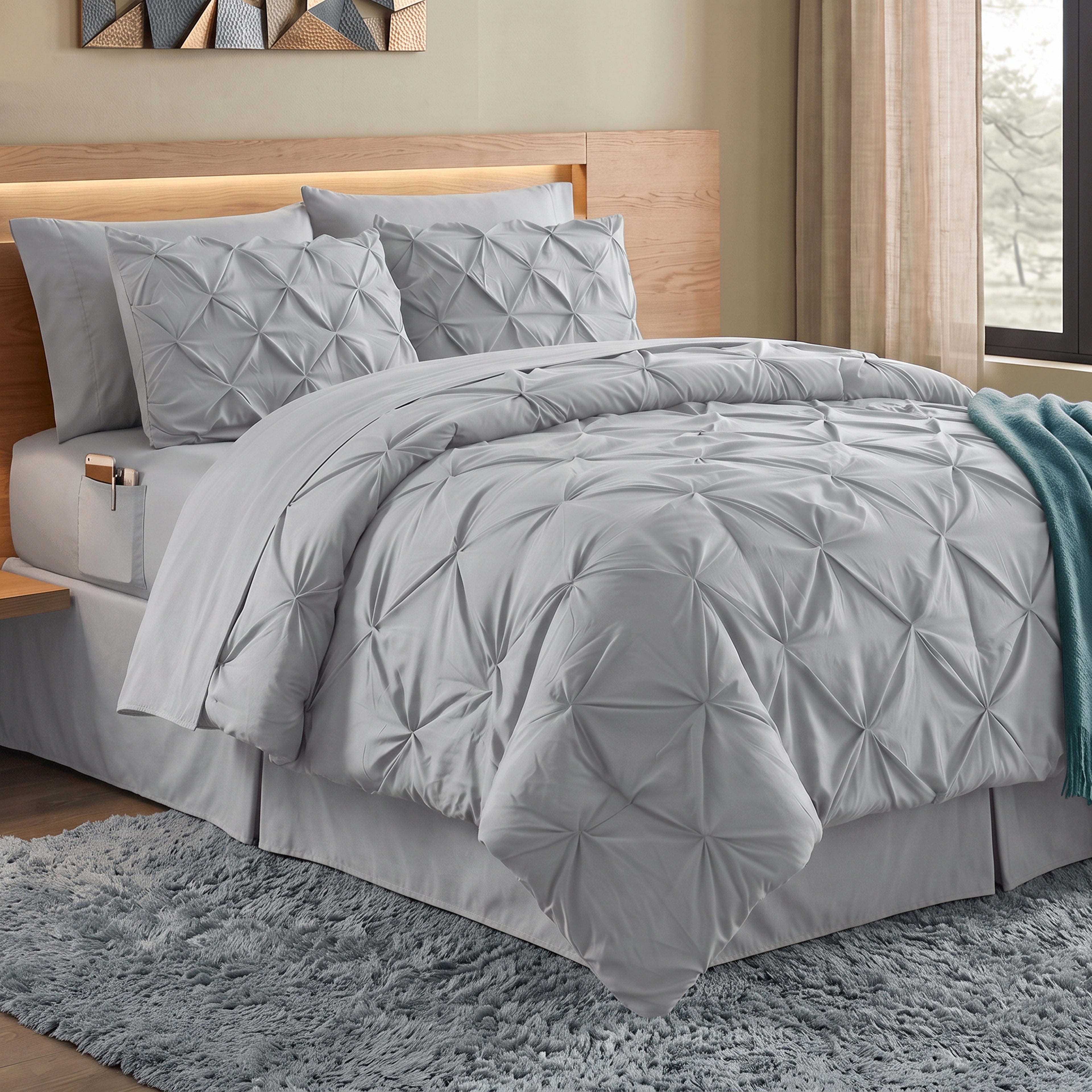 8-Piece Pintuck Pinch Pleated Comforter Set - Includes 4-Piece Sheet Set with Double Sided Storage Pockets