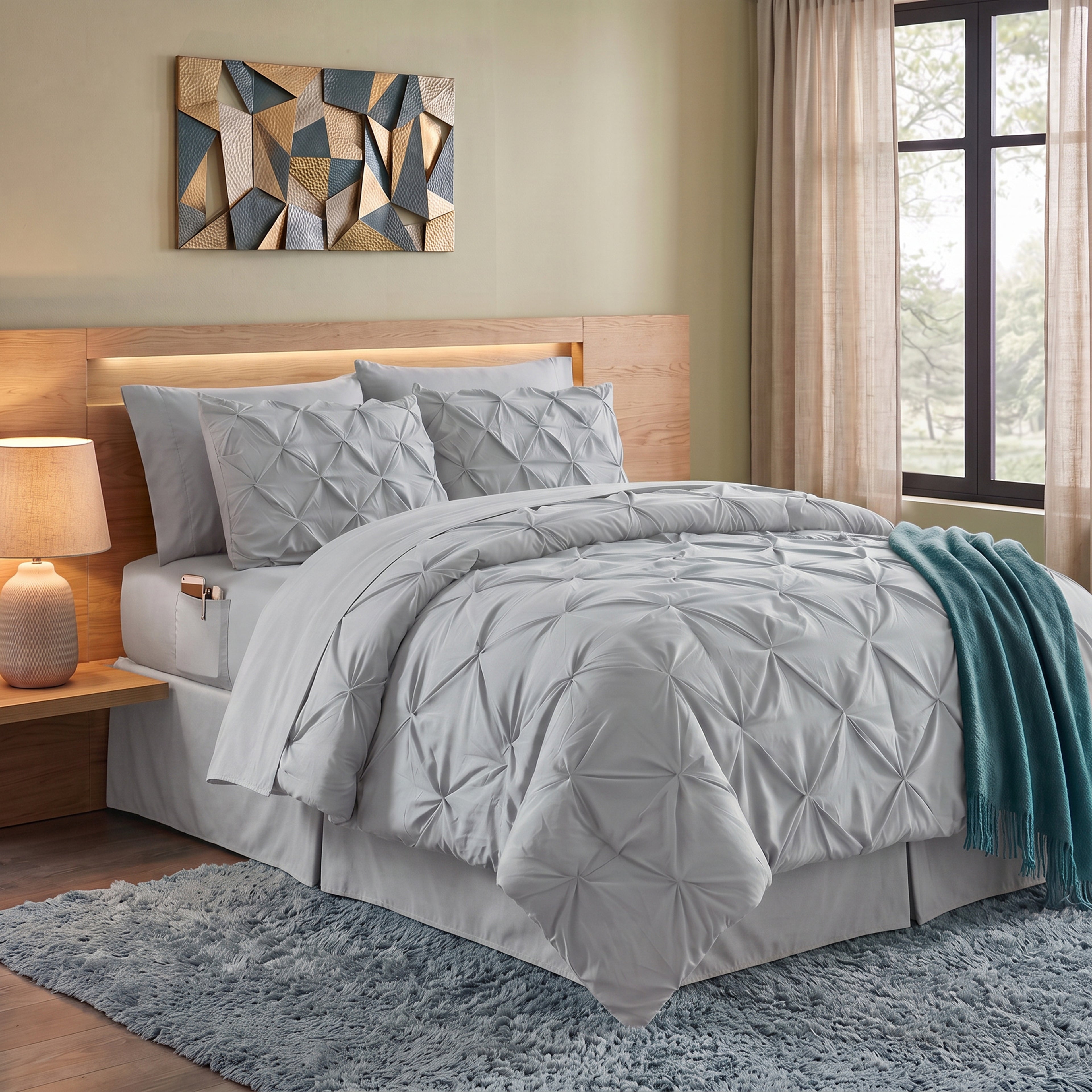 8-Piece Pintuck Pinch Pleated Comforter Set - Includes 4-Piece Sheet Set with Double Sided Storage Pockets