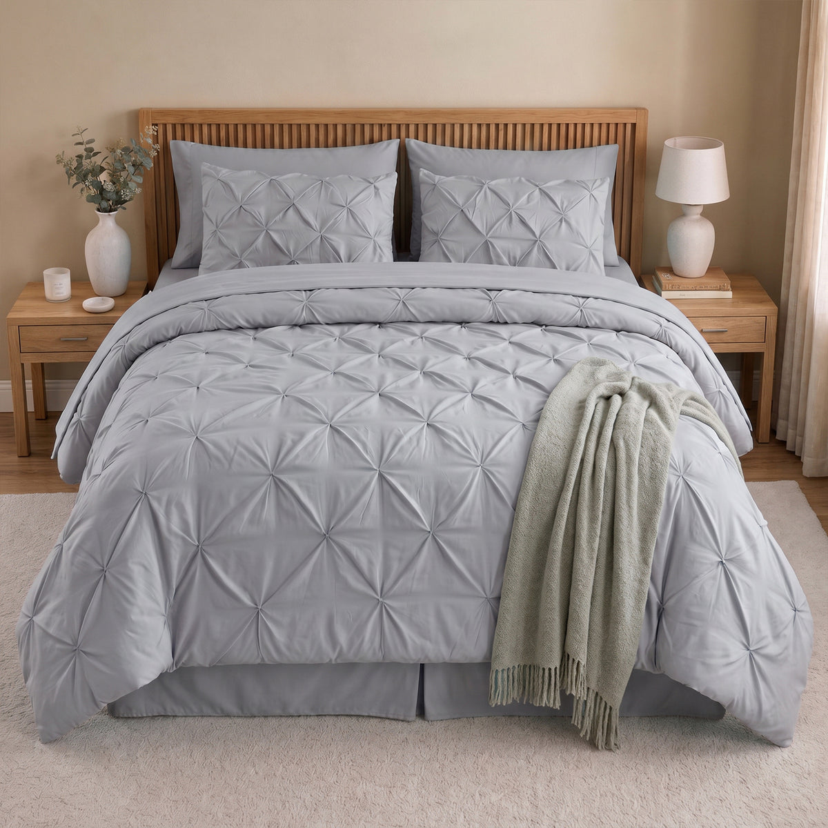 8-Piece Pintuck Pinch Pleated Comforter Set - Includes 4-Piece Sheet Set with Double Sided Storage Pockets