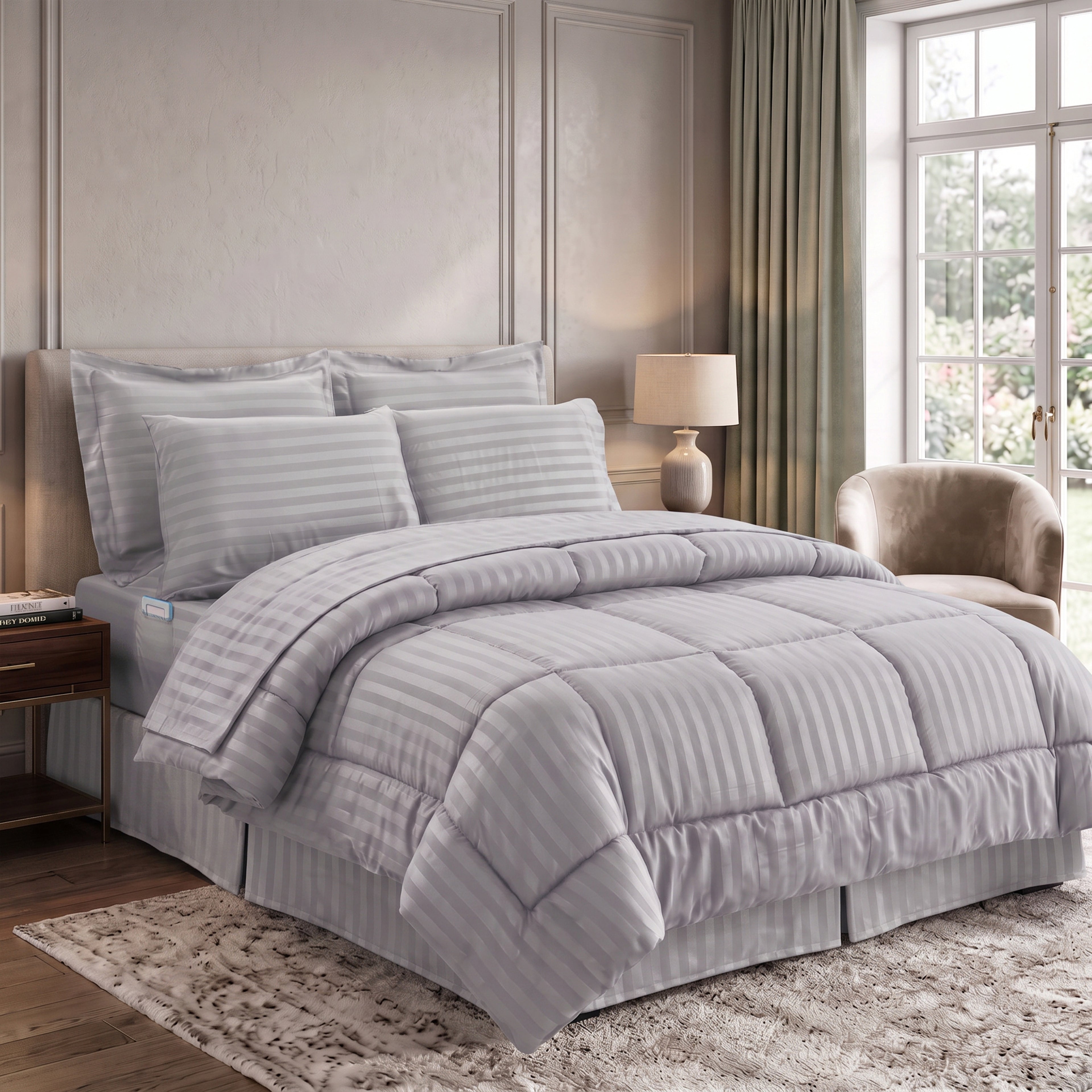 8-Piece Dobby Stripe Comforter Set - Includes 4-Piece Sheet Set with Double Sided Storage Pockets