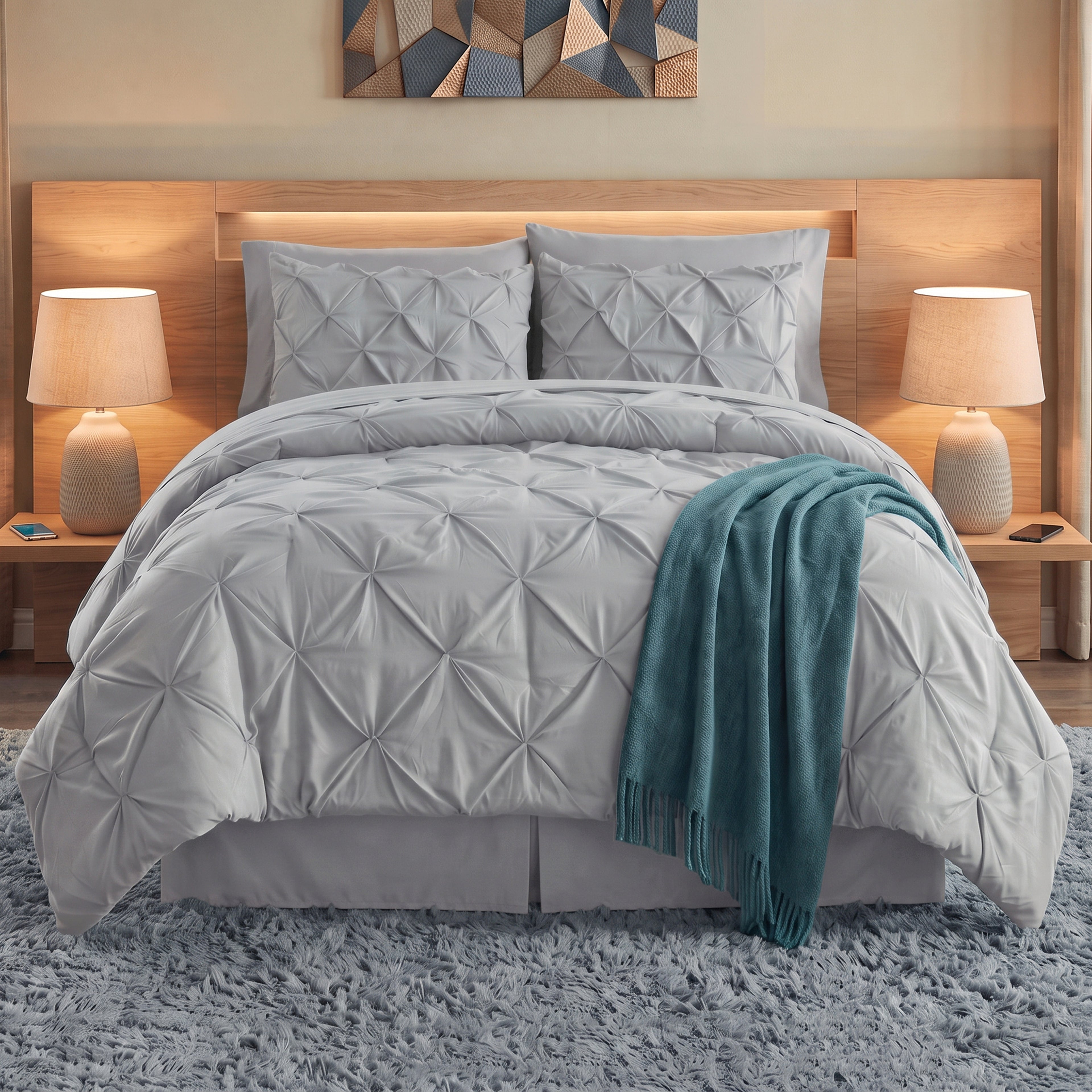 8-Piece Pintuck Pinch Pleated Comforter Set - Includes 4-Piece Sheet Set with Double Sided Storage Pockets
