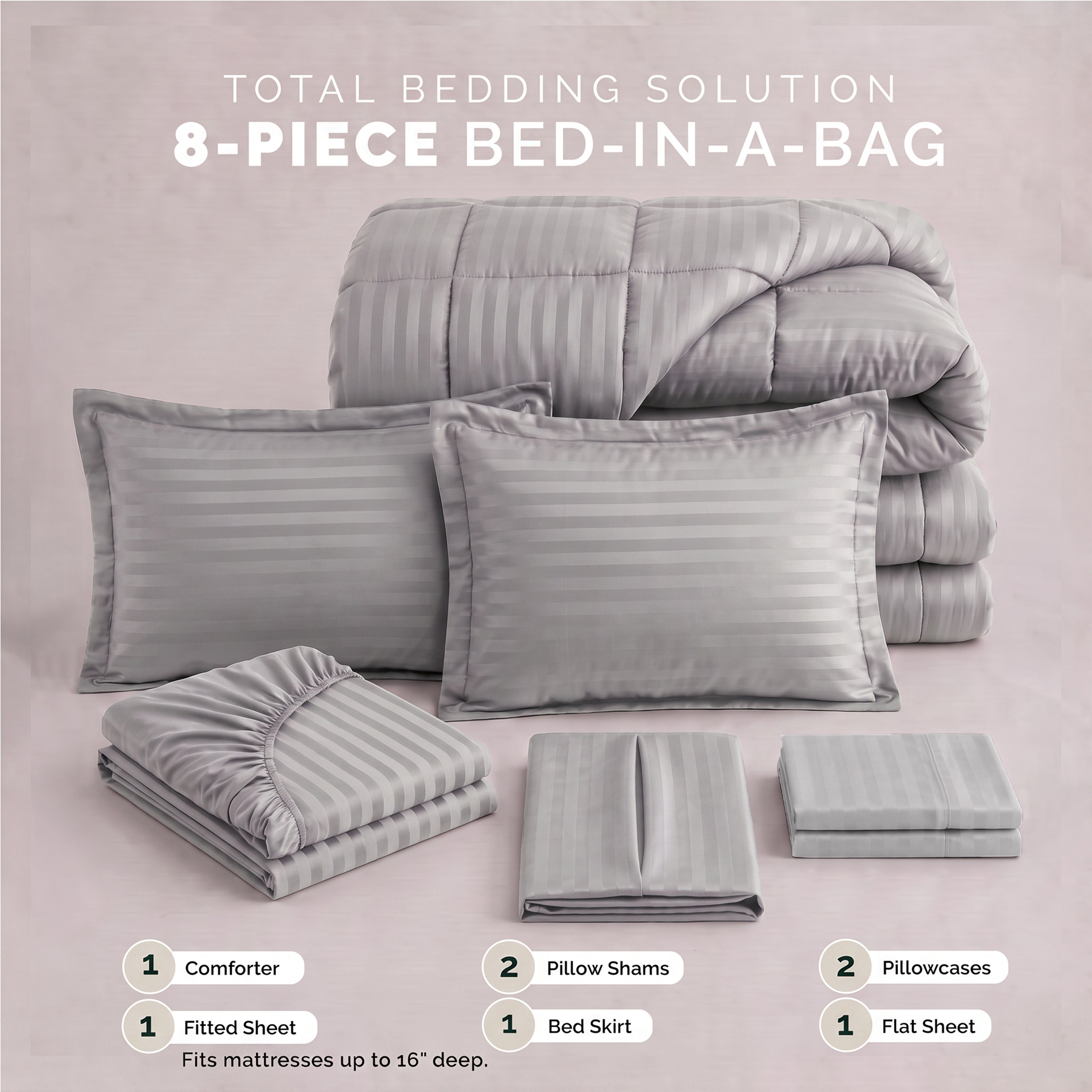 8-Piece Dobby Stripe Comforter Set - Includes 4-Piece Sheet Set with Double Sided Storage Pockets
