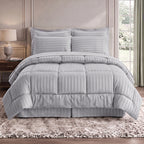 8-Piece Dobby Stripe Comforter Set - Includes 4-Piece Sheet Set with Double Sided Storage Pockets