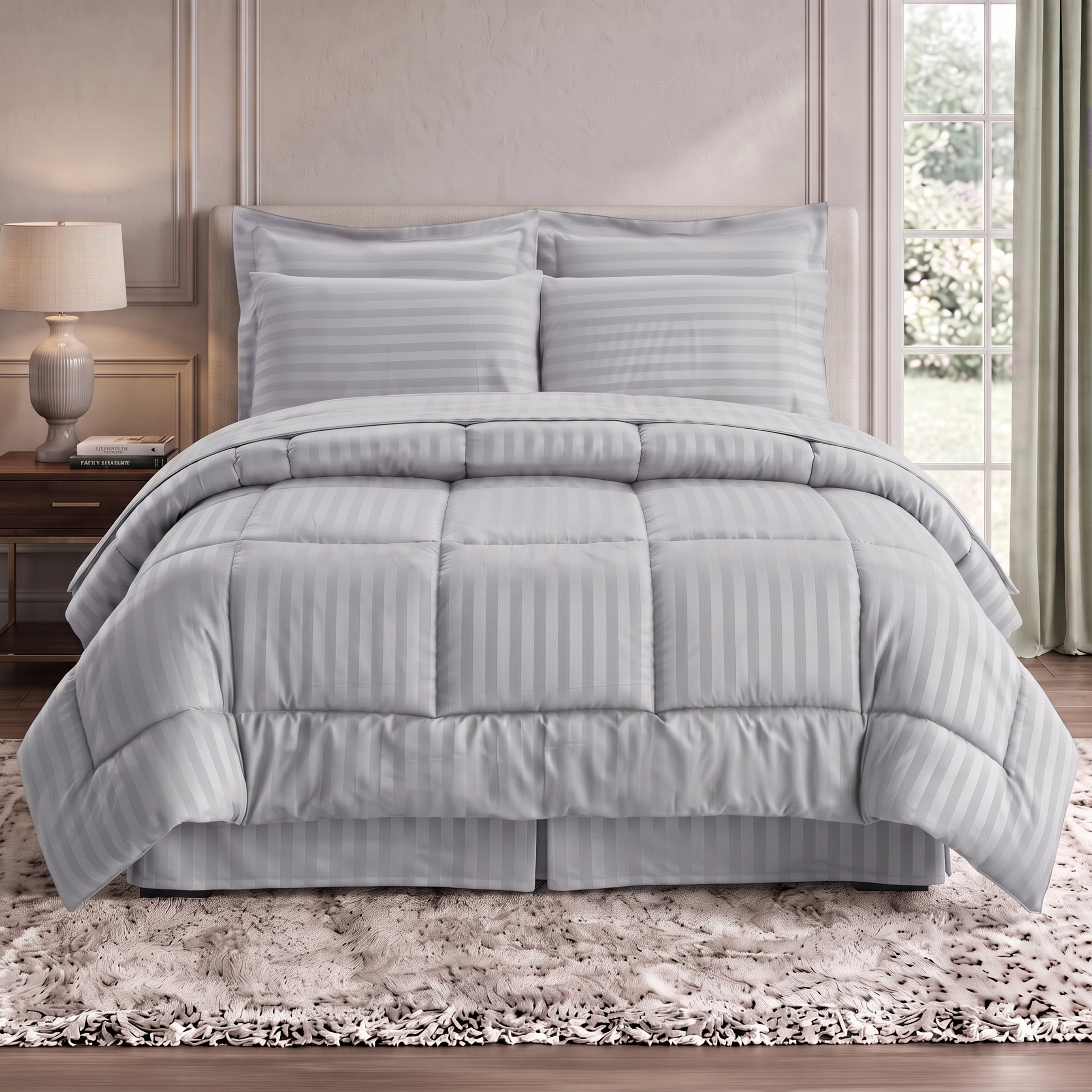 8-Piece Dobby Stripe Comforter Set - Includes 4-Piece Sheet Set with Double Sided Storage Pockets