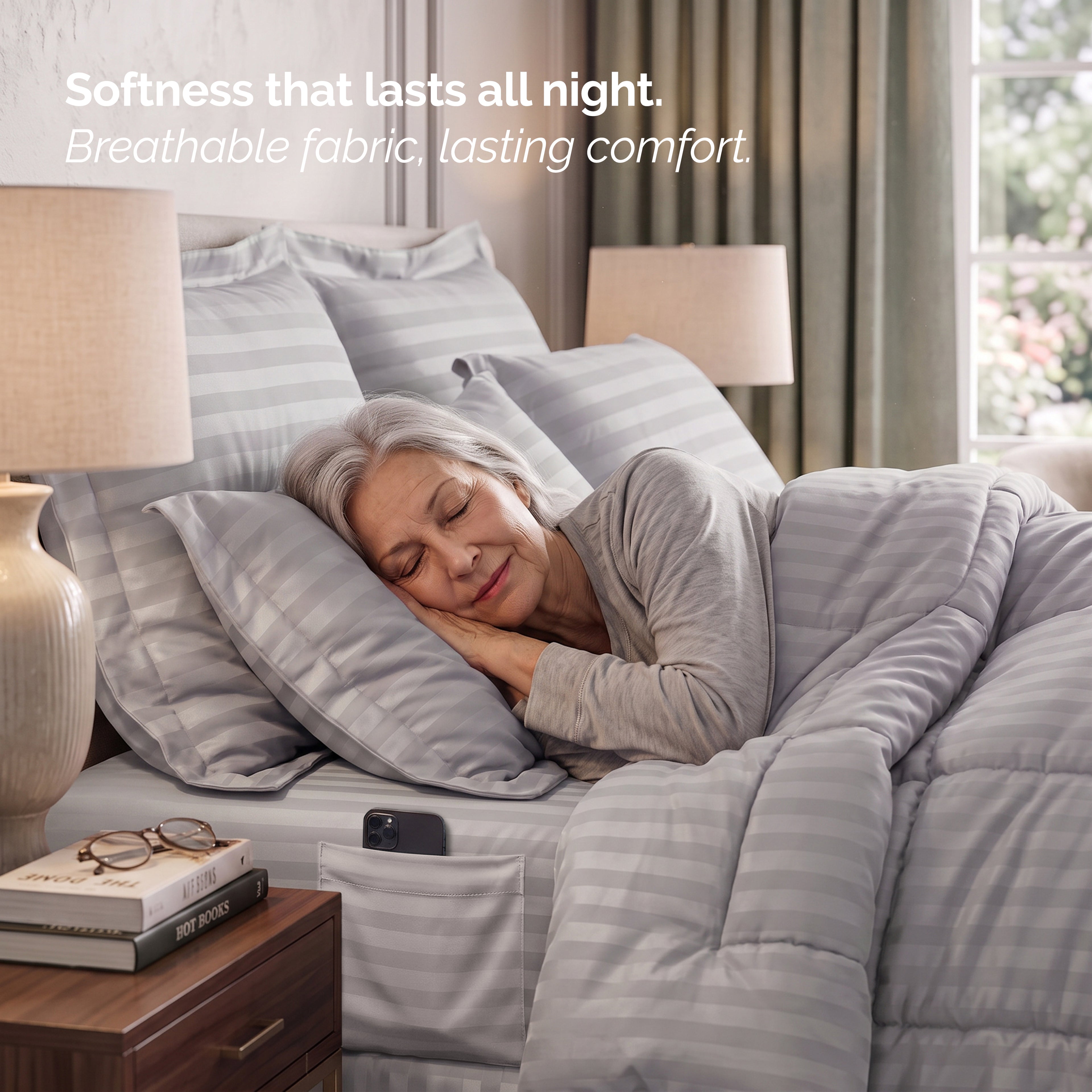 8-Piece Dobby Stripe Comforter Set - Includes 4-Piece Sheet Set with Double Sided Storage Pockets