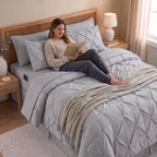 8-Piece Pintuck Pinch Pleated Comforter Set - Includes 4-Piece Sheet Set with Double Sided Storage Pockets