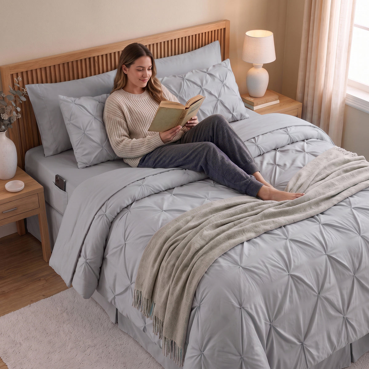 8-Piece Pintuck Pinch Pleated Comforter Set - Includes 4-Piece Sheet Set with Double Sided Storage Pockets