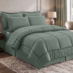 8-Piece Dobby Stripe Comforter Set - Includes 4-Piece Sheet Set with Double Sided Storage Pockets