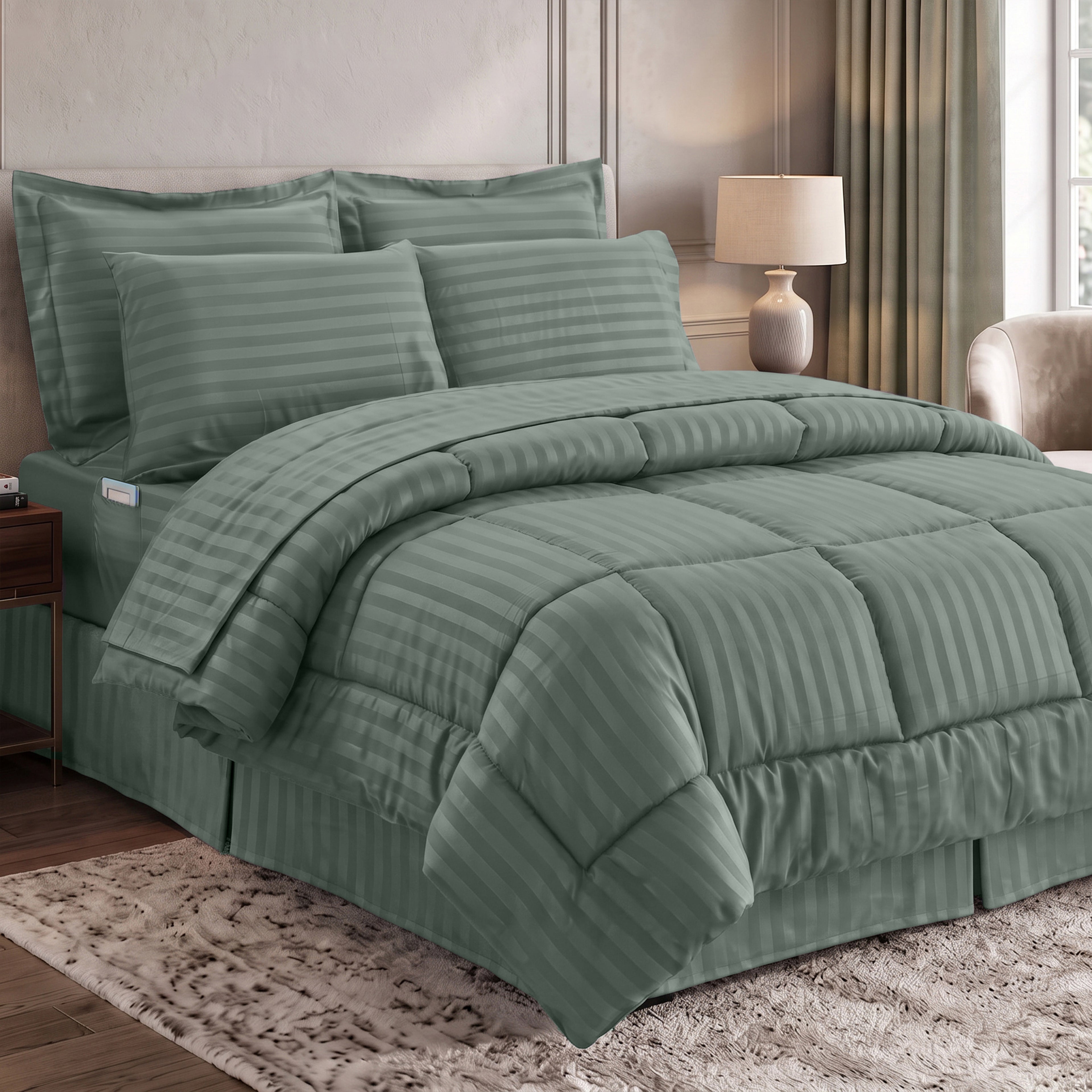 8-Piece Dobby Stripe Comforter Set - Includes 4-Piece Sheet Set with Double Sided Storage Pockets