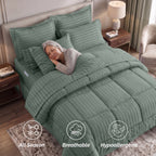 8-Piece Dobby Stripe Comforter Set - Includes 4-Piece Sheet Set with Double Sided Storage Pockets