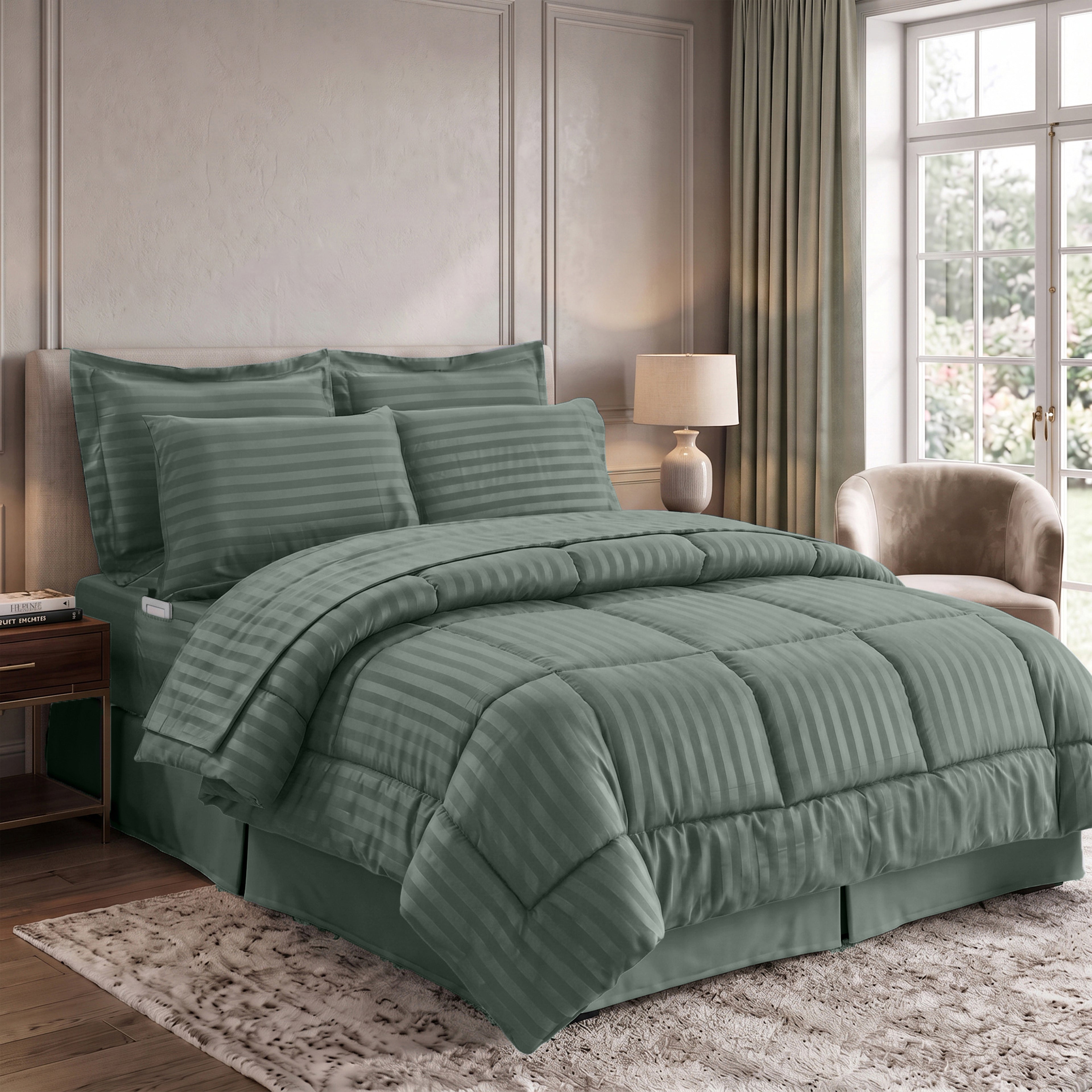 8-Piece Dobby Stripe Comforter Set - Includes 4-Piece Sheet Set with Double Sided Storage Pockets