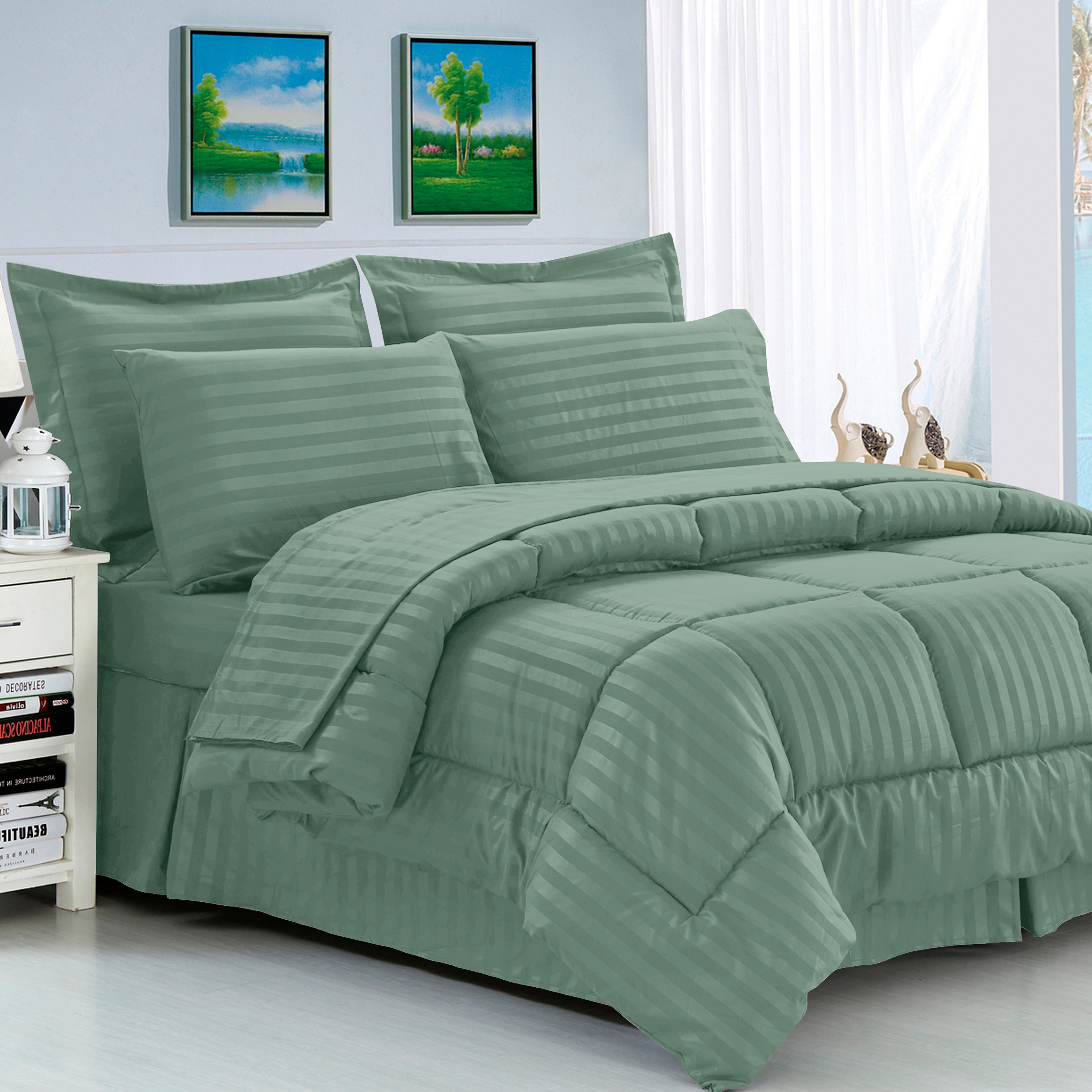 8-Piece Dobby Stripe Comforter Set - Includes 4-Piece Sheet Set with Double Sided Storage Pockets