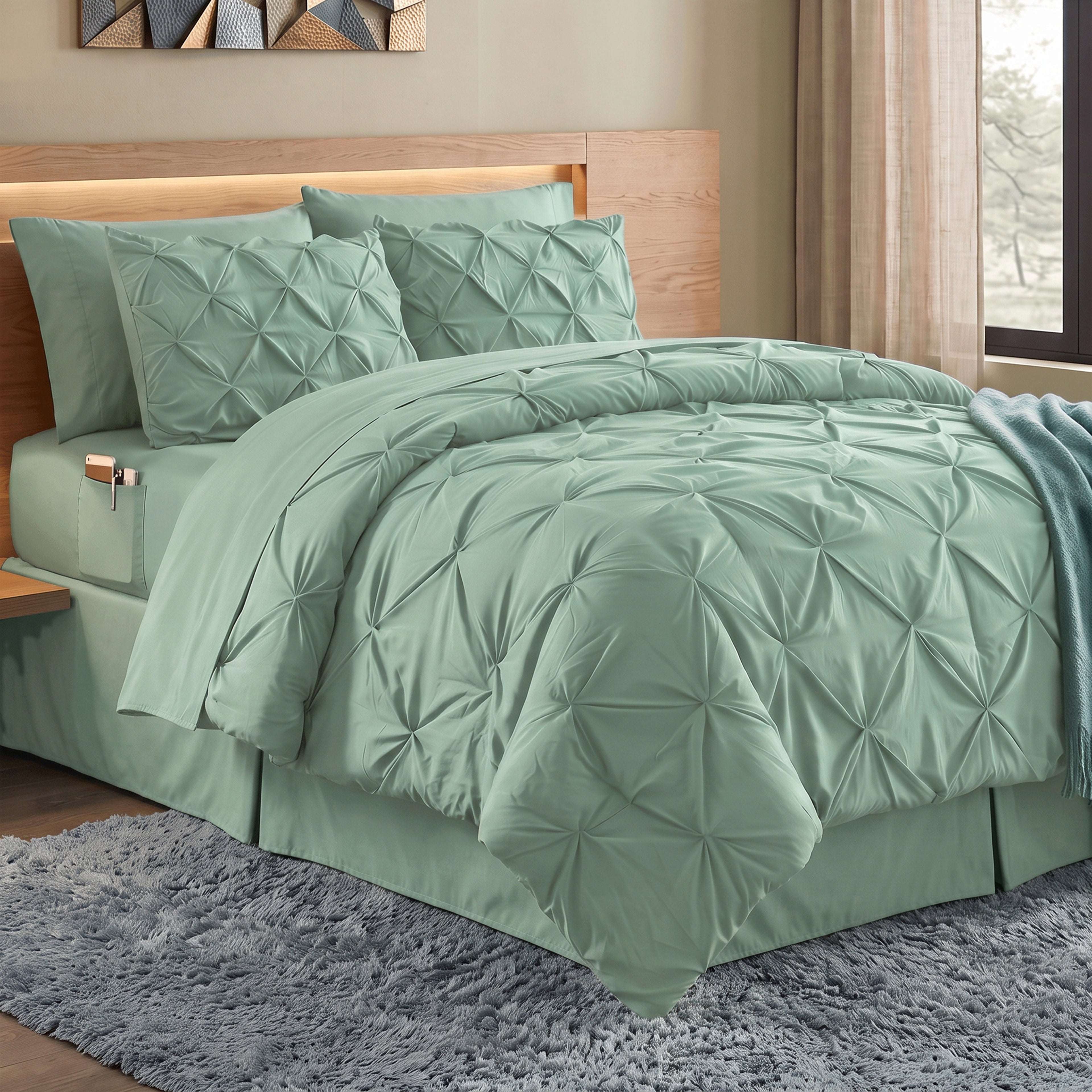 8-Piece Pintuck Pinch Pleated Comforter Set - Includes 4-Piece Sheet Set with Double Sided Storage Pockets