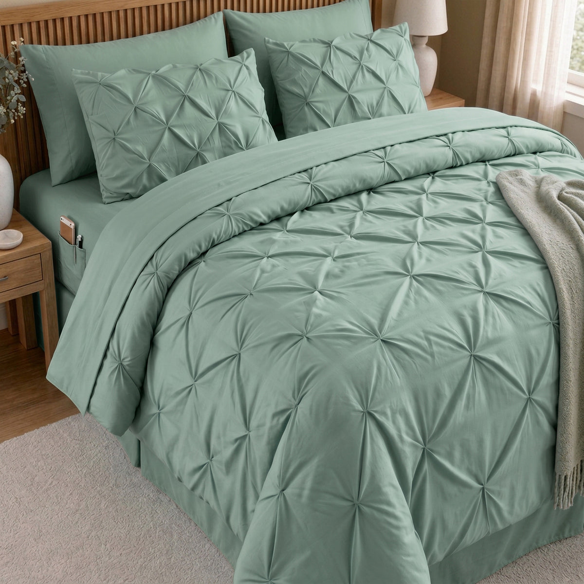 8-Piece Pintuck Pinch Pleated Comforter Set - Includes 4-Piece Sheet Set with Double Sided Storage Pockets