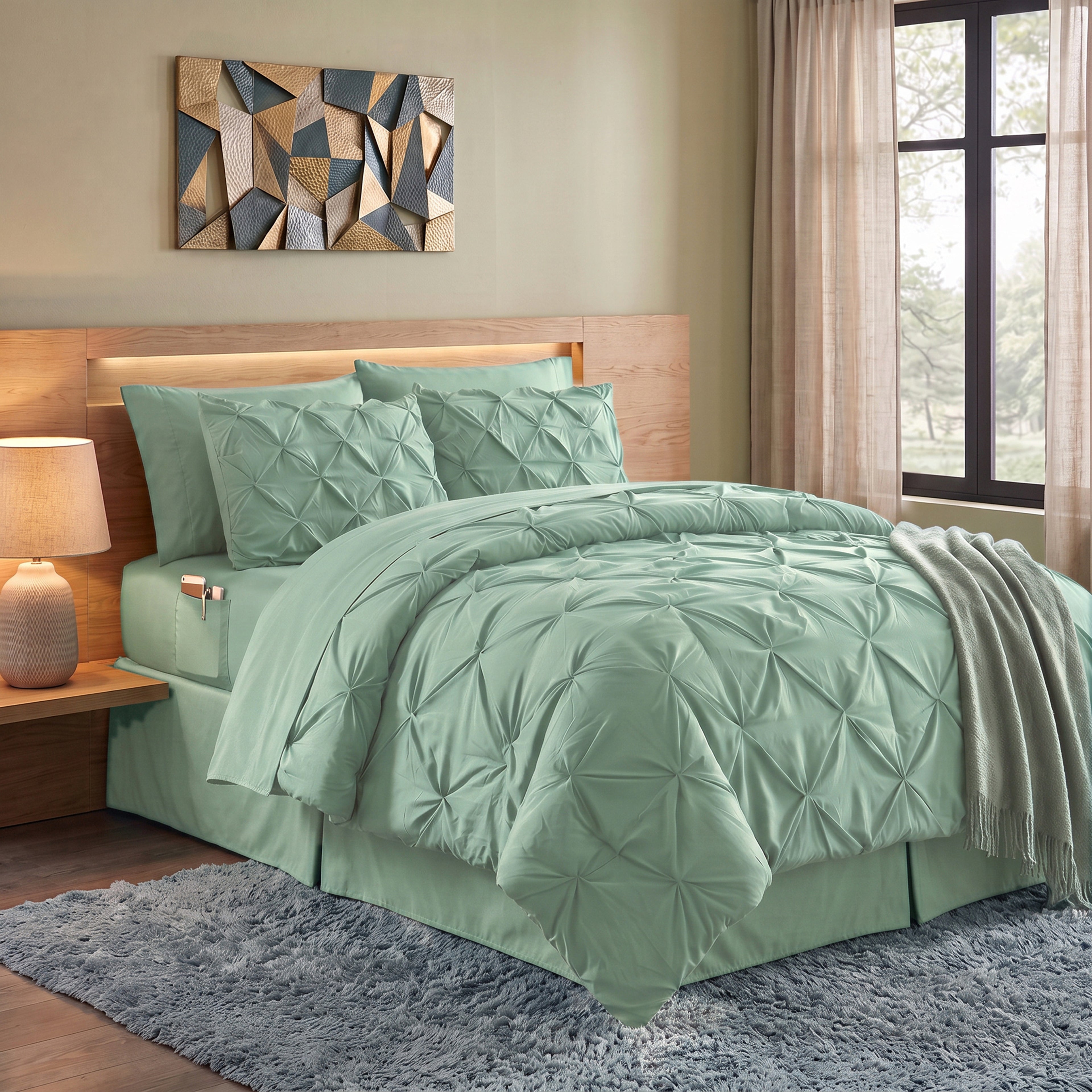 8-Piece Pintuck Pinch Pleated Comforter Set - Includes 4-Piece Sheet Set with Double Sided Storage Pockets