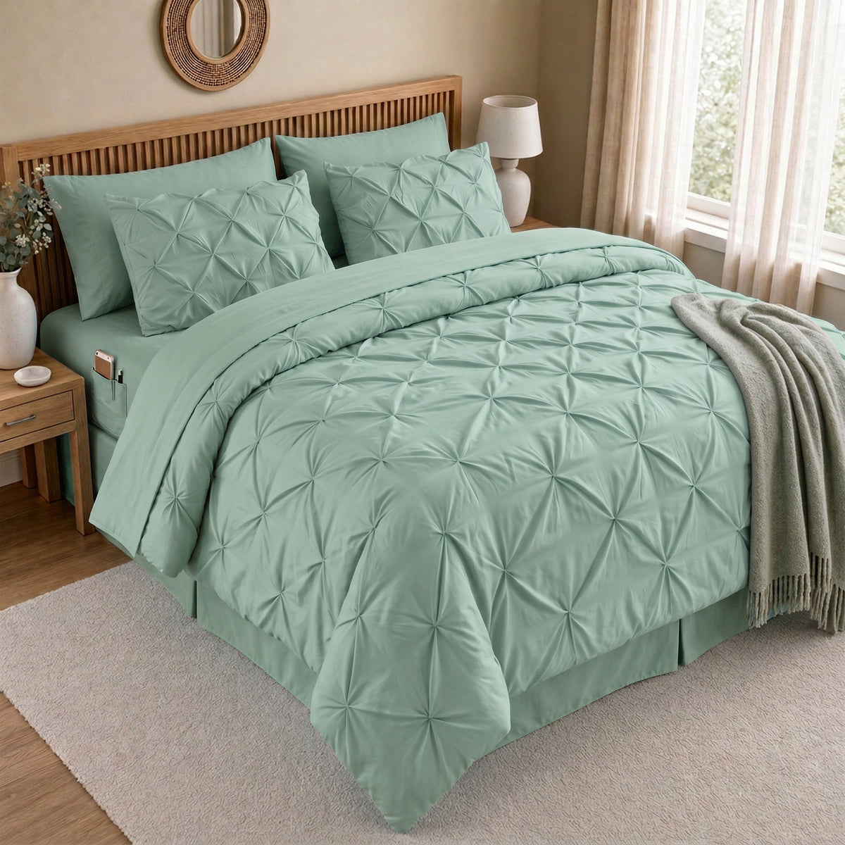 8-Piece Pintuck Pinch Pleated Comforter Set - Includes 4-Piece Sheet Set with Double Sided Storage Pockets