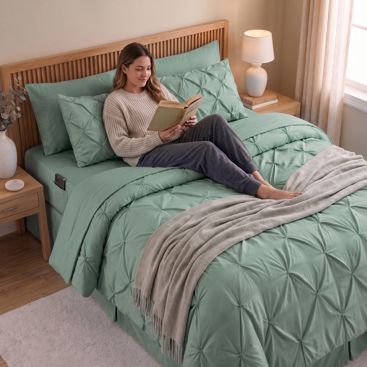 8-Piece Pintuck Pinch Pleated Comforter Set - Includes 4-Piece Sheet Set with Double Sided Storage Pockets